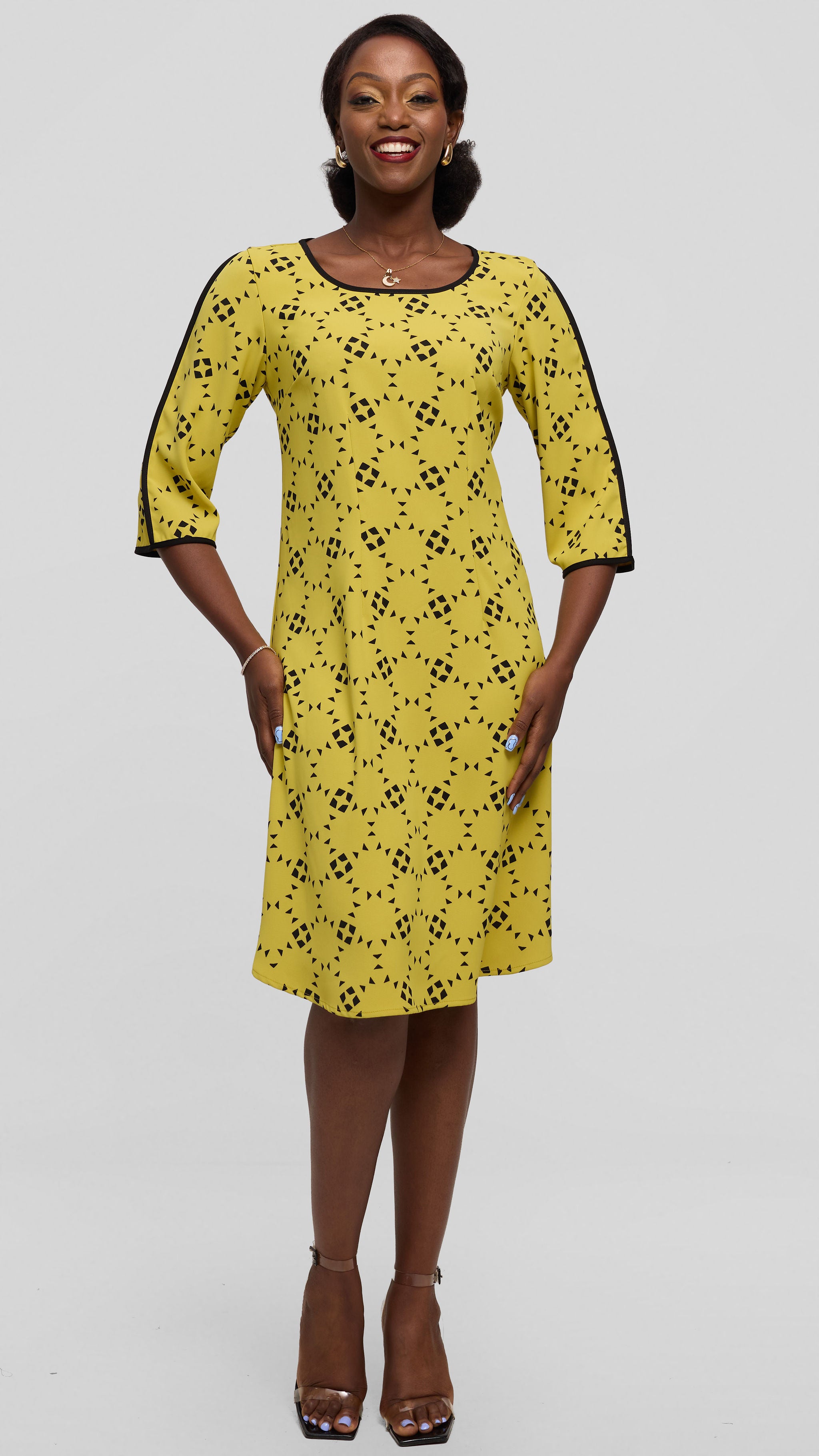 Vivo Pendo 3/4 Sleeve A Line Dress in Crepe - Lime / Black Talo Print