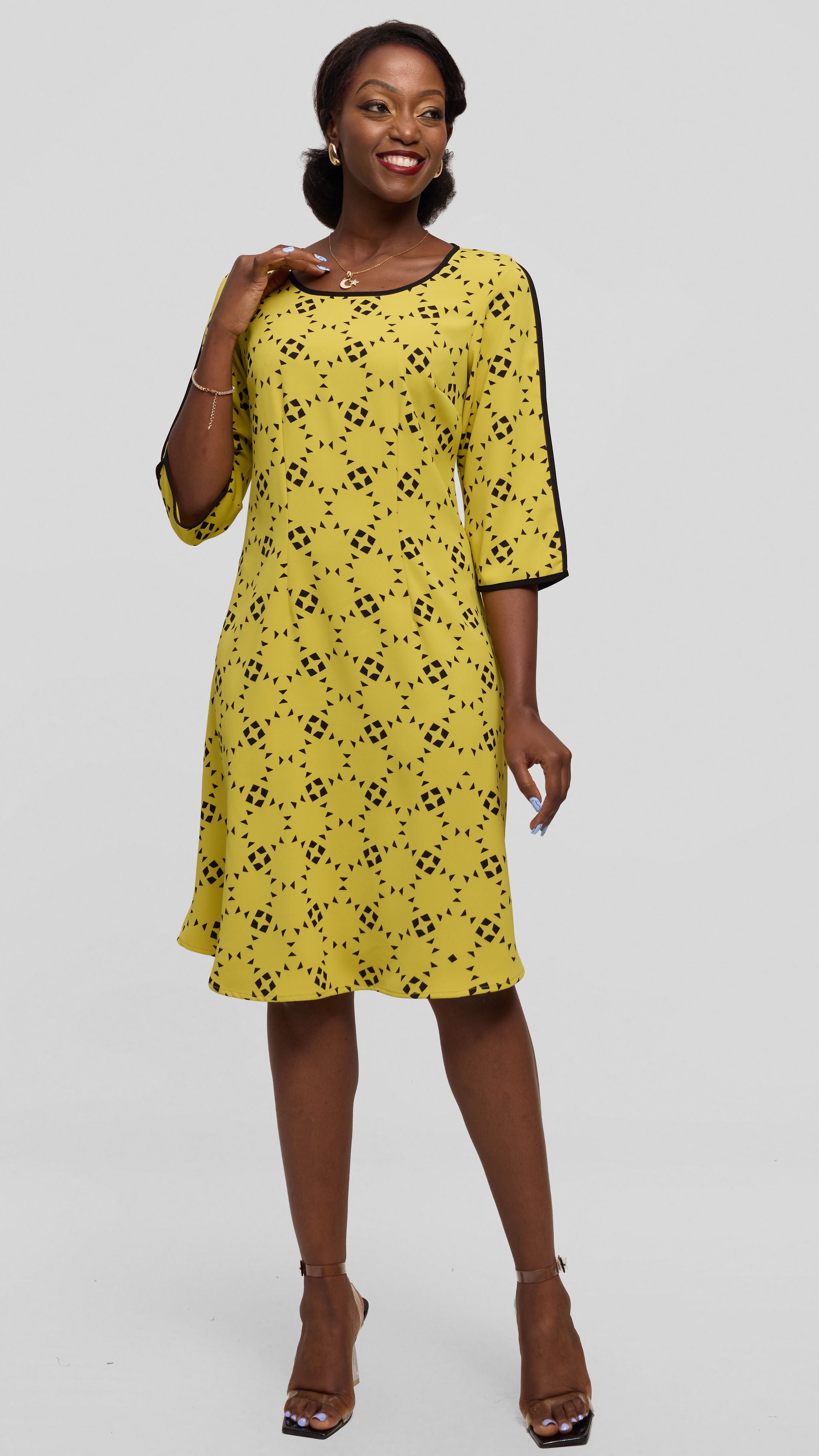 Vivo Pendo 3/4 Sleeve A Line Dress in Crepe - Lime / Black Talo Print