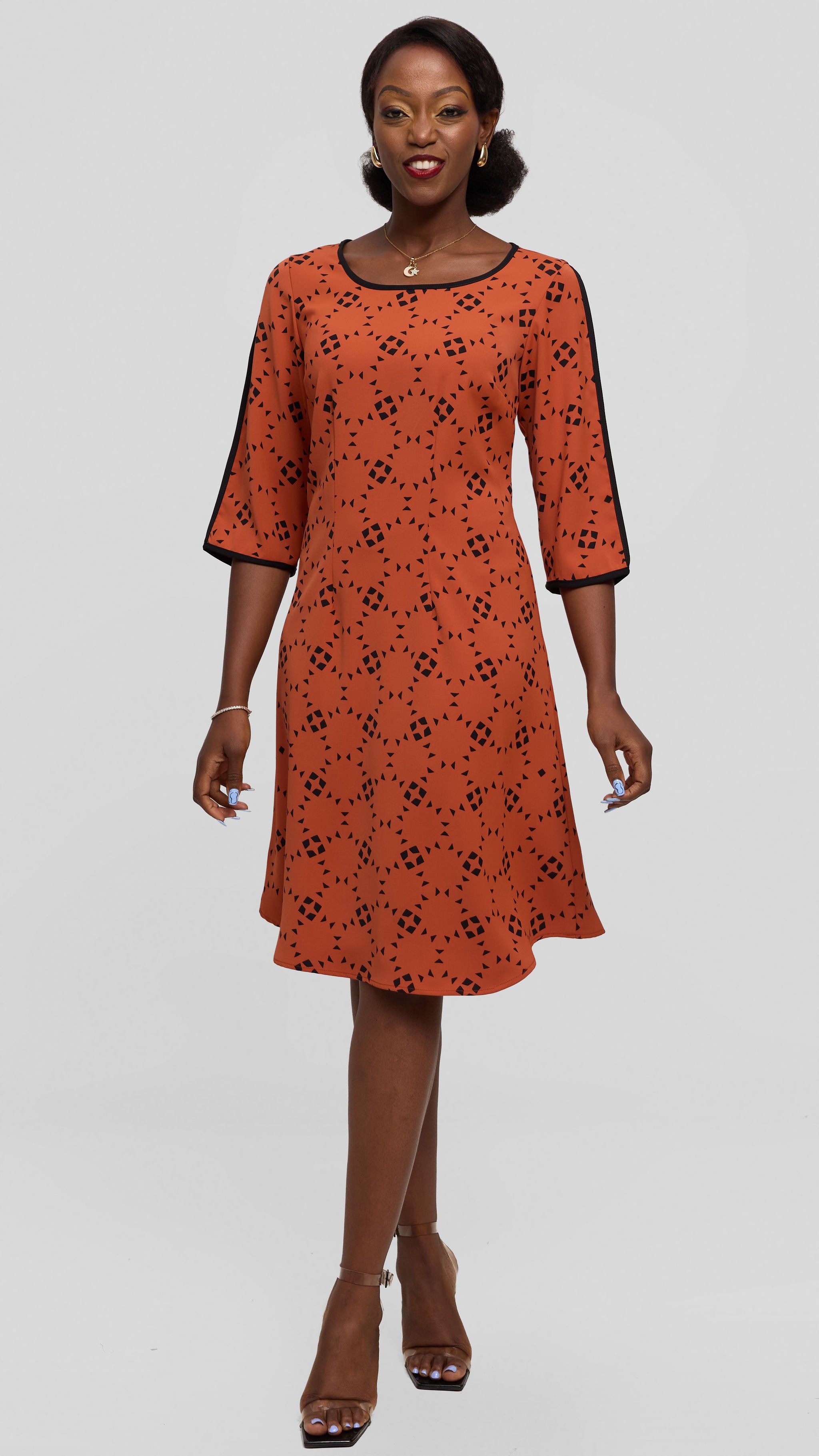 Vivo Pendo 3/4 Sleeve A Line Dress in Crepe - Rust / Black Talo Print
