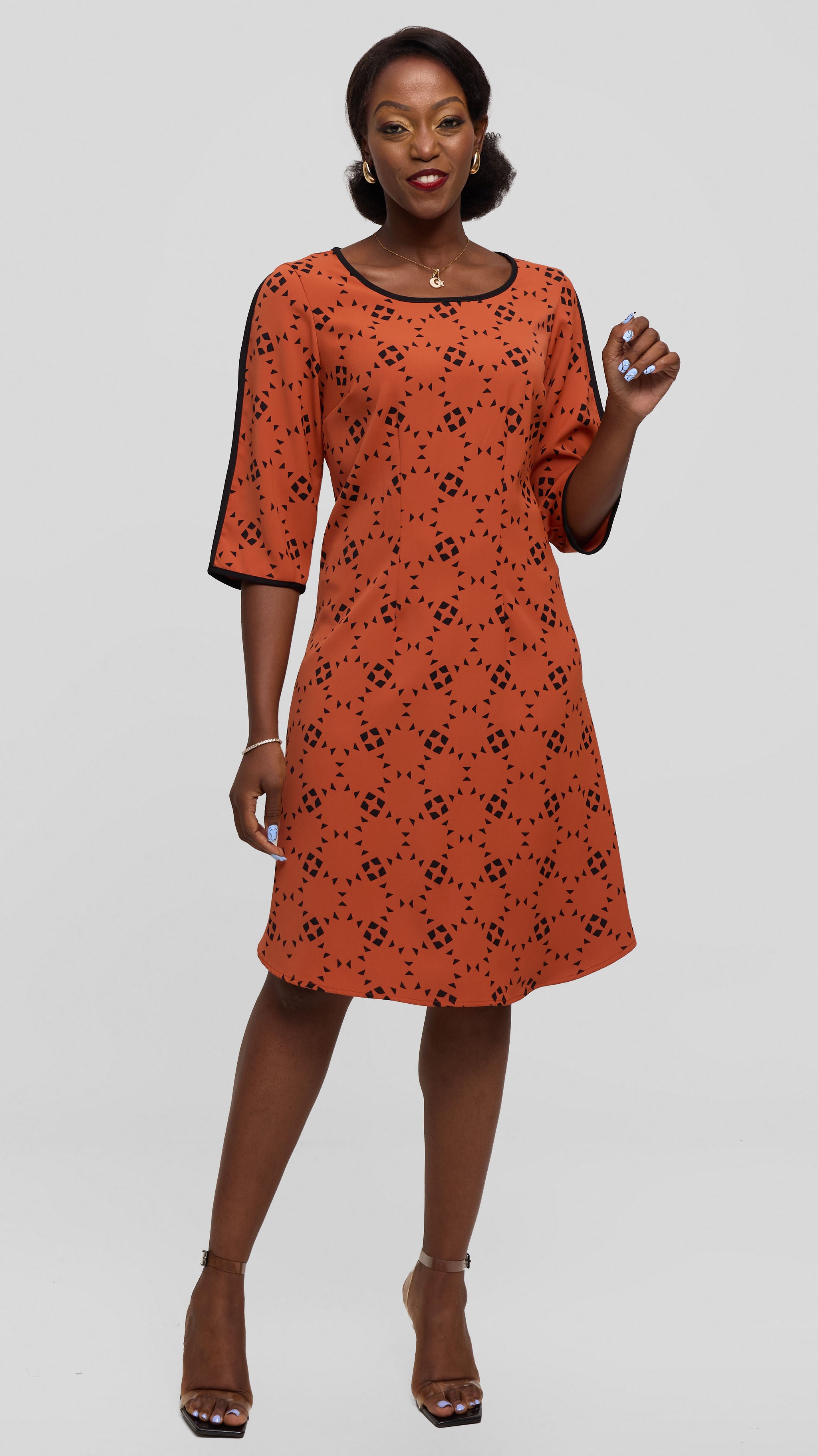 Vivo Pendo 3/4 Sleeve A Line Dress in Crepe - Rust / Black Talo Print