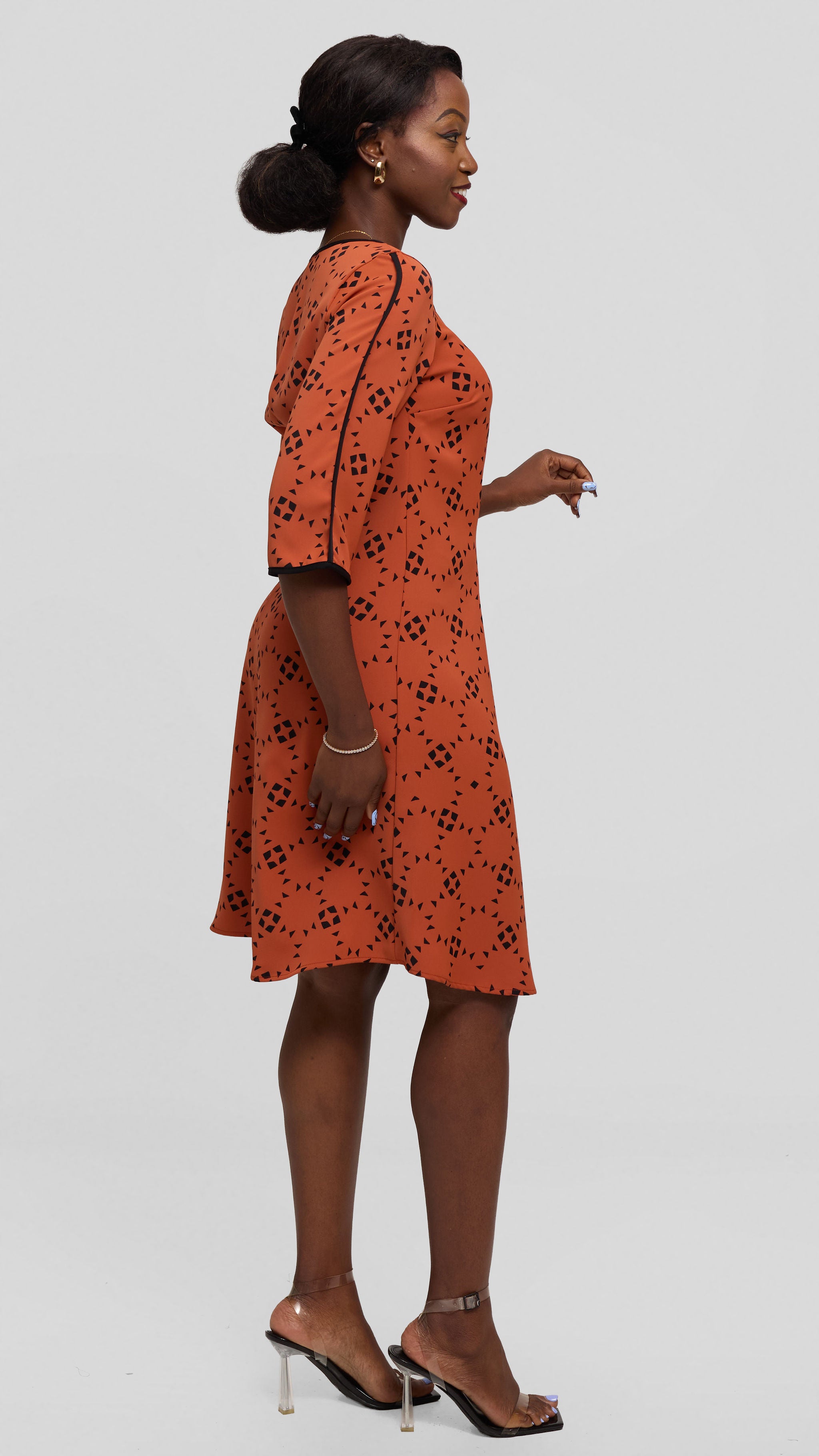 Vivo Pendo 3/4 Sleeve A Line Dress in Crepe - Rust / Black Talo Print