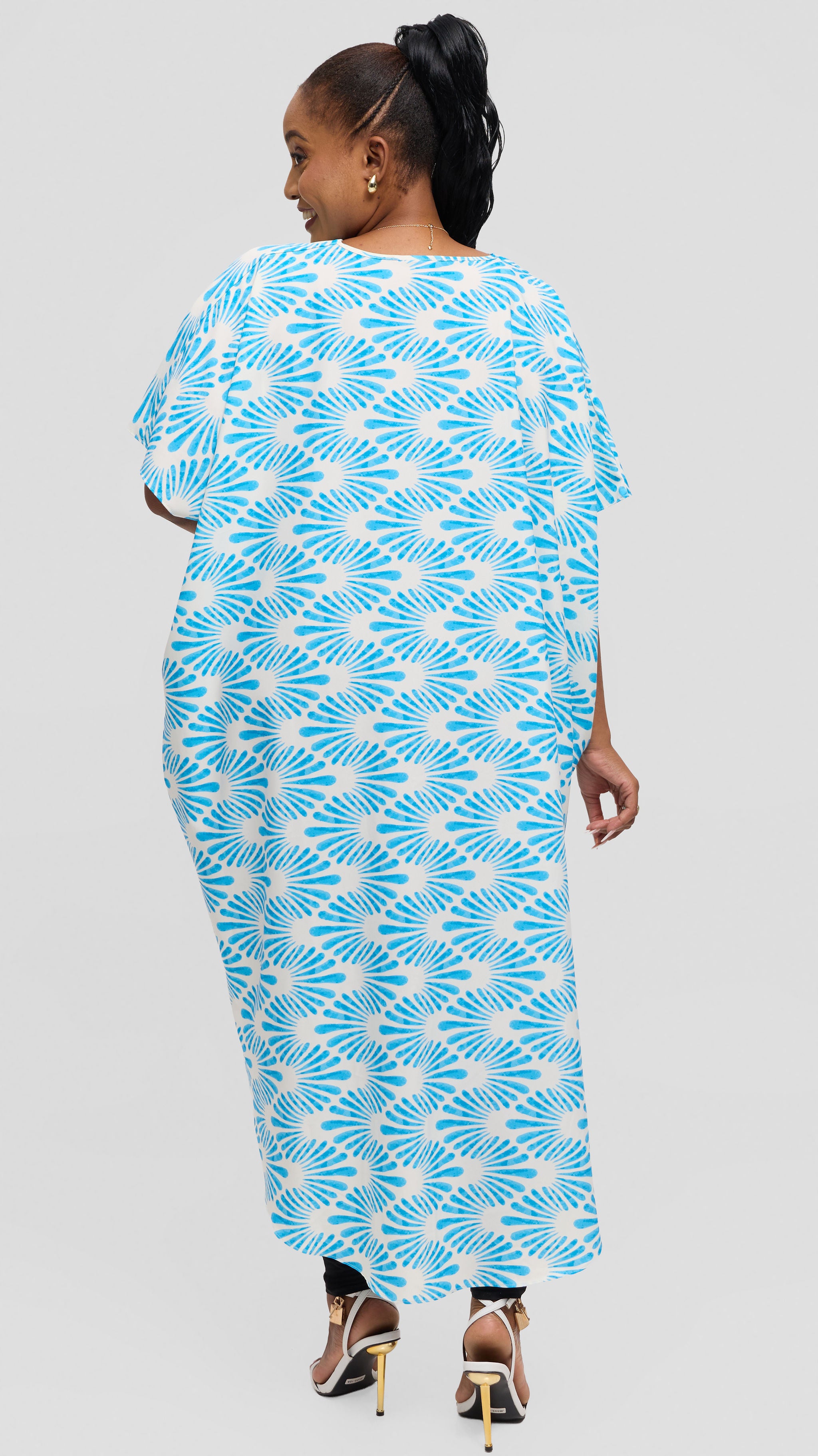 Vivo High Low Top in Crepe - Off White / Light Blue Witu Print