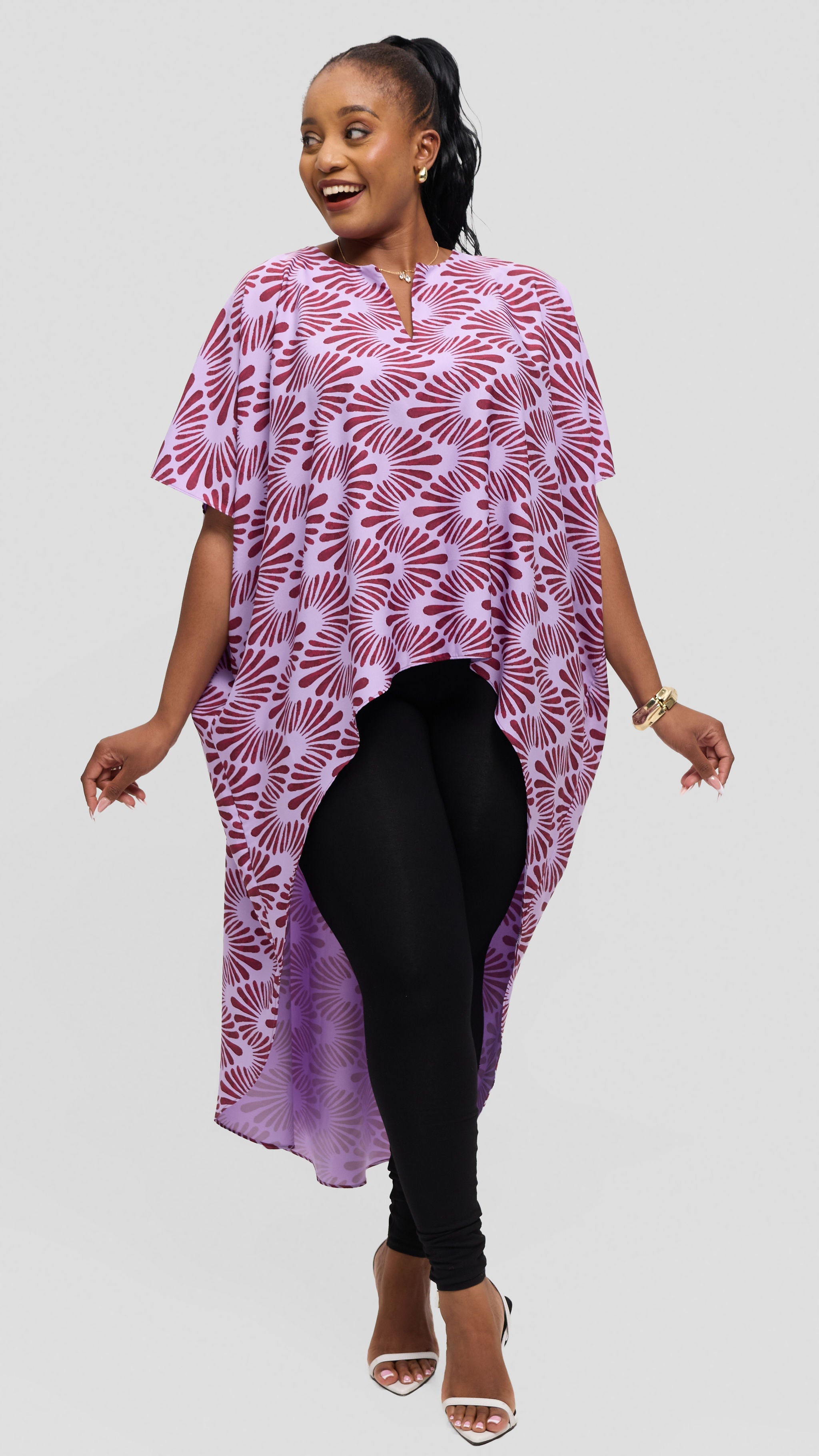 Vivo High Low Top in Crepe - Lilac / Burgundy Witu Print