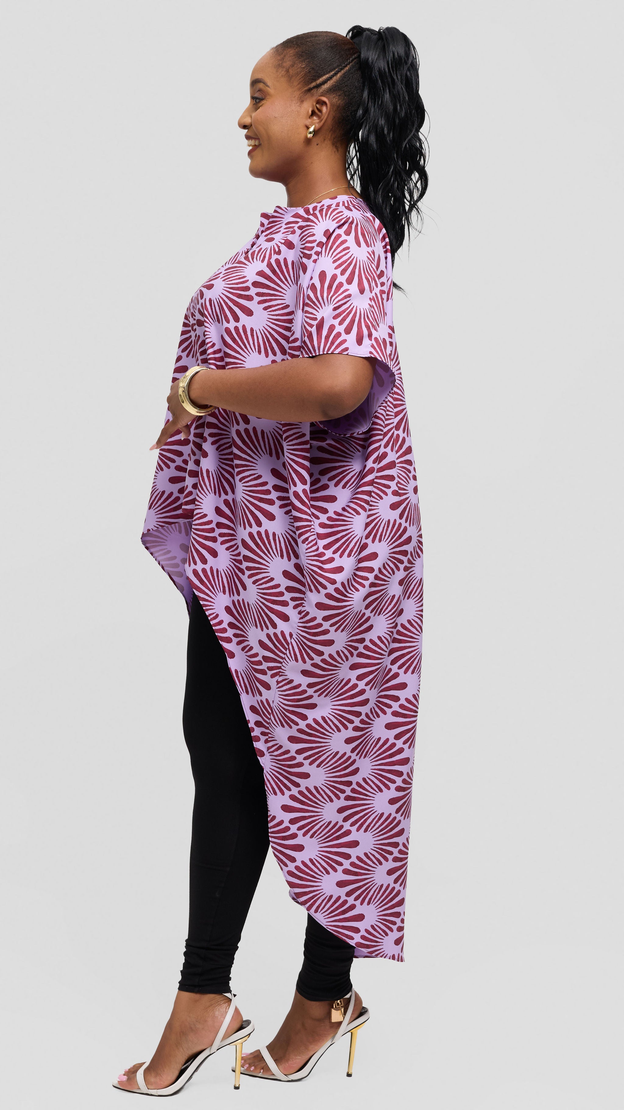 Vivo High Low Top in Crepe - Lilac / Burgundy Witu Print