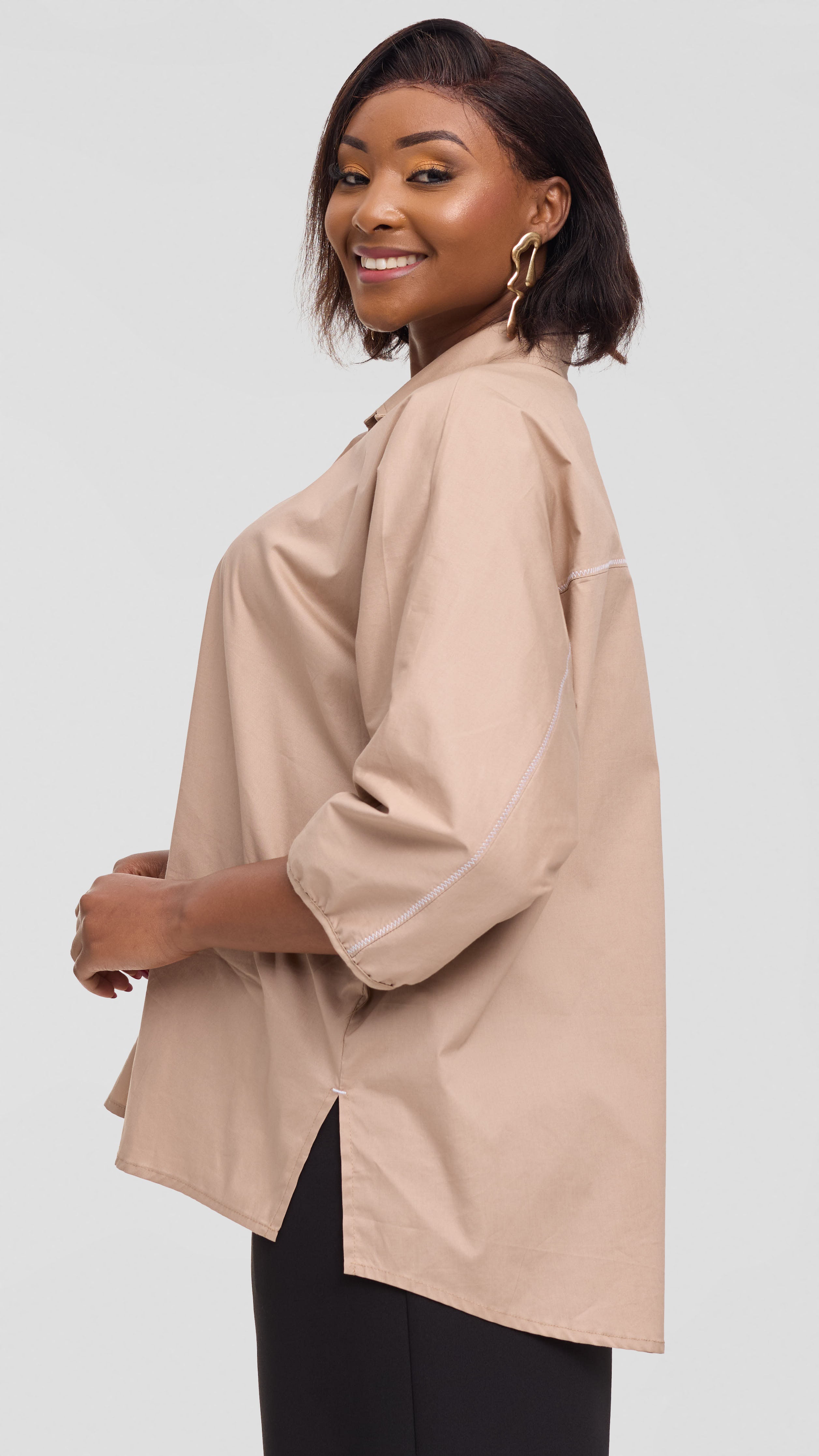 Vivo Back Pleat Loose Top in Cotton - Light Taupe