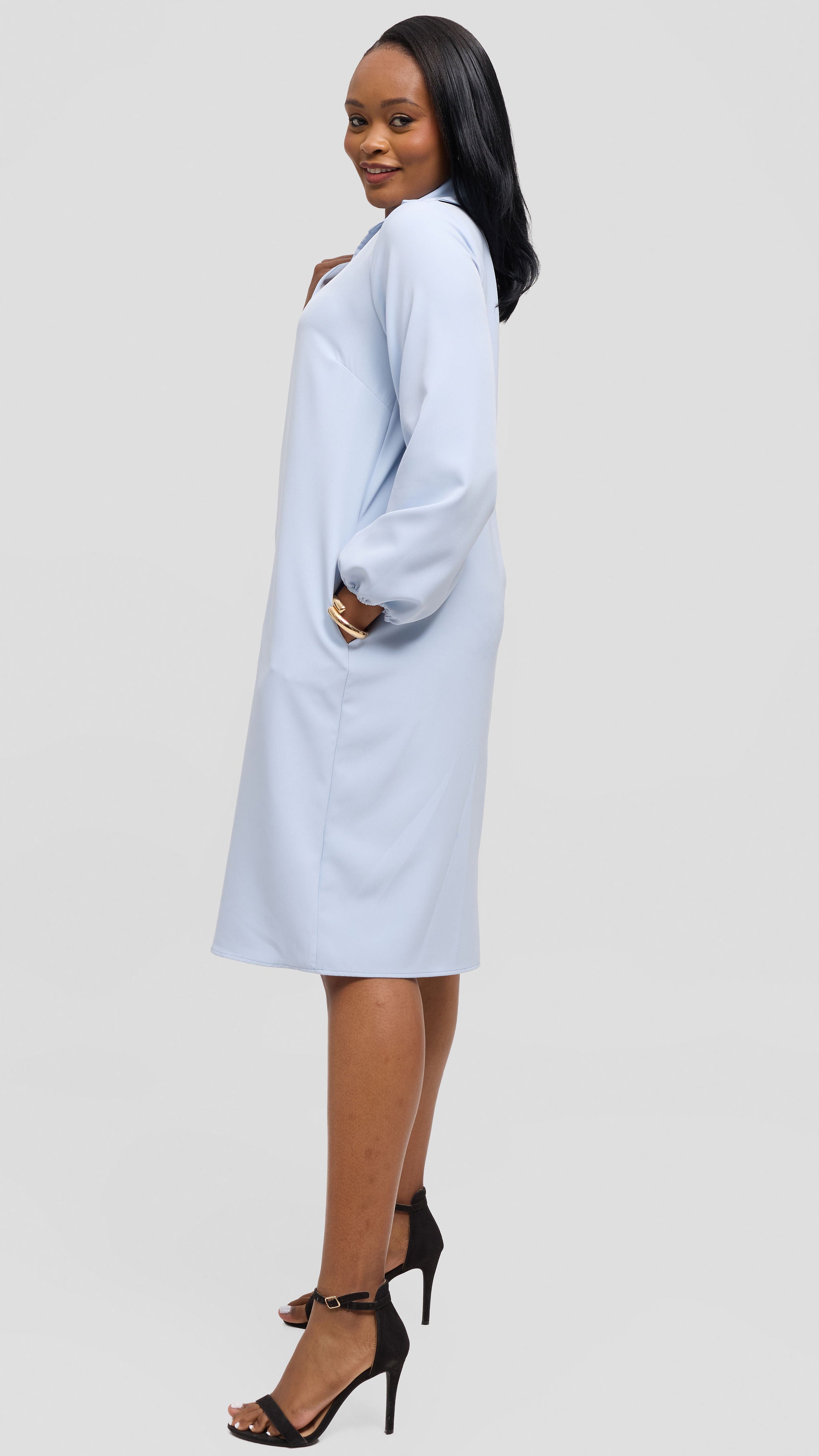 Vivo Mandla Bishop Sleeve Tent Dress in Crepe - Light Blue