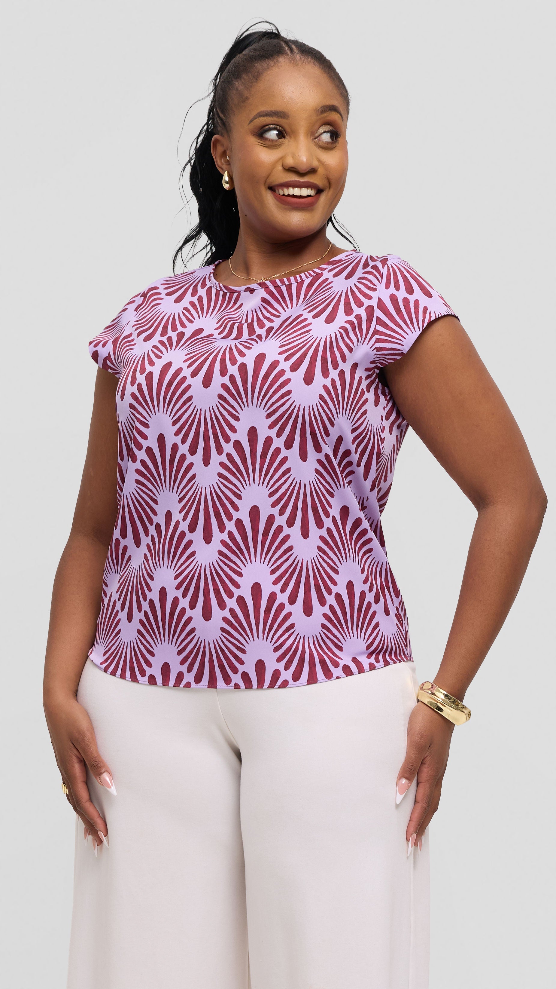 Vivo Basic Cap Sleeve Top in Crepe - Lilac / Burgundy Witu Print