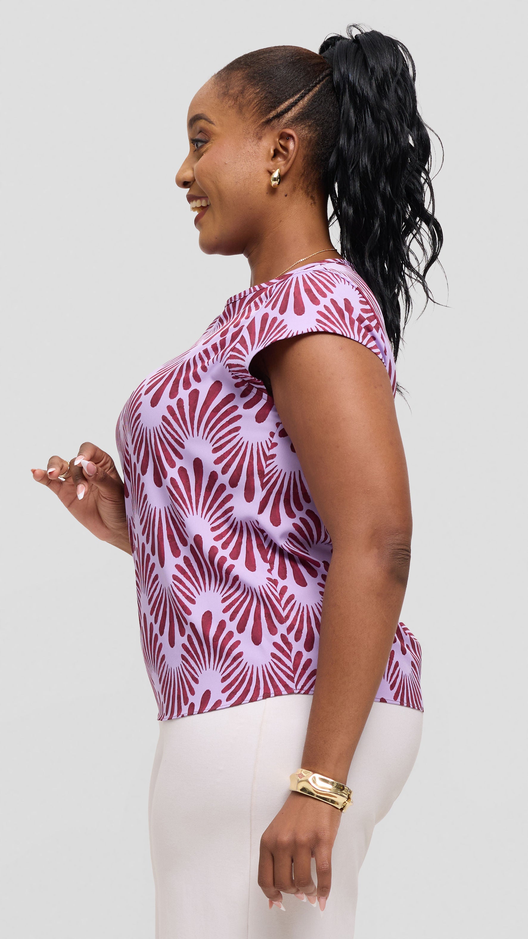 Vivo Basic Cap Sleeve Top in Crepe - Lilac / Burgundy Witu Print