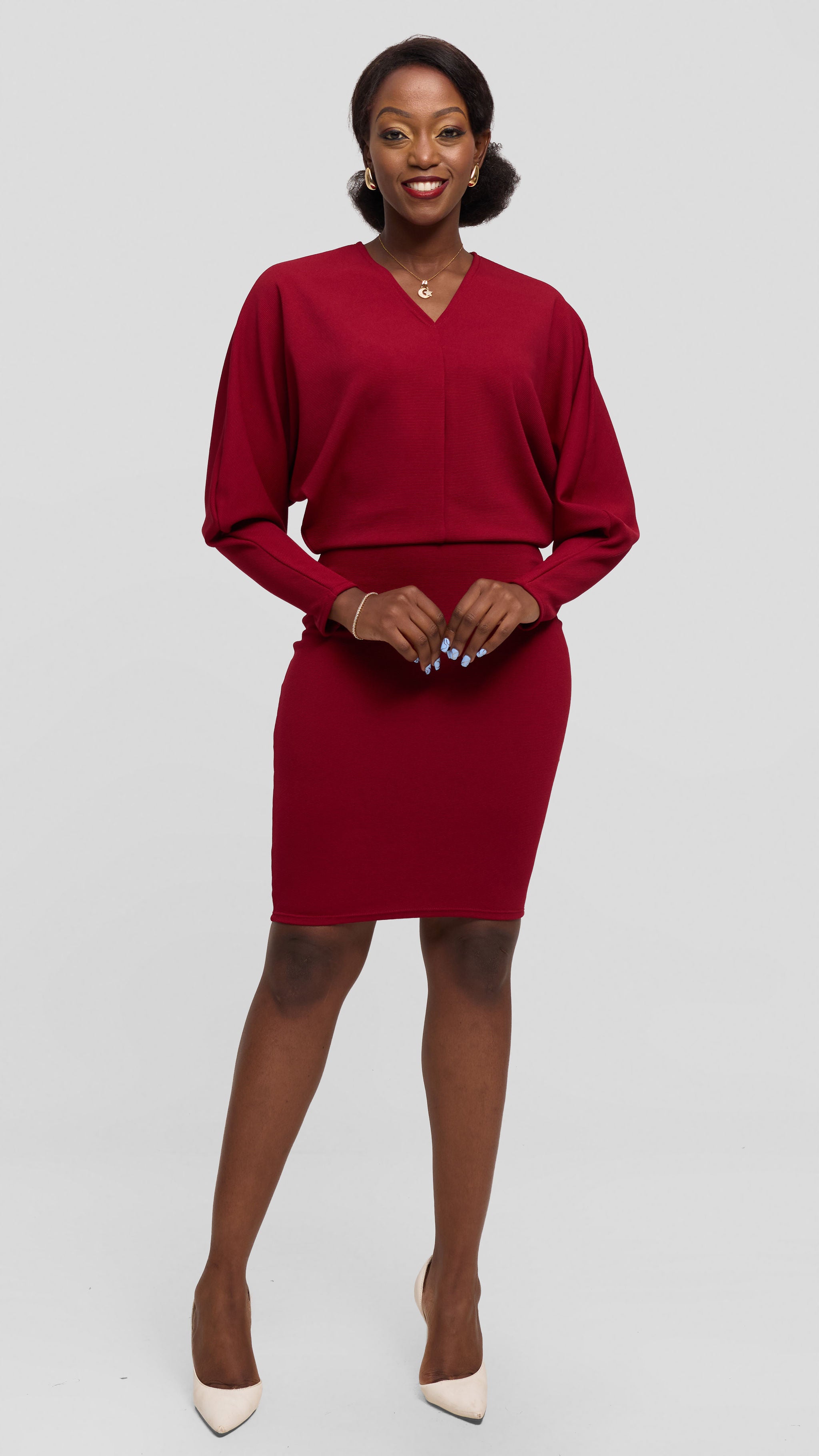Vivo V-Neck Dress in Stretch Rib - Dark Red