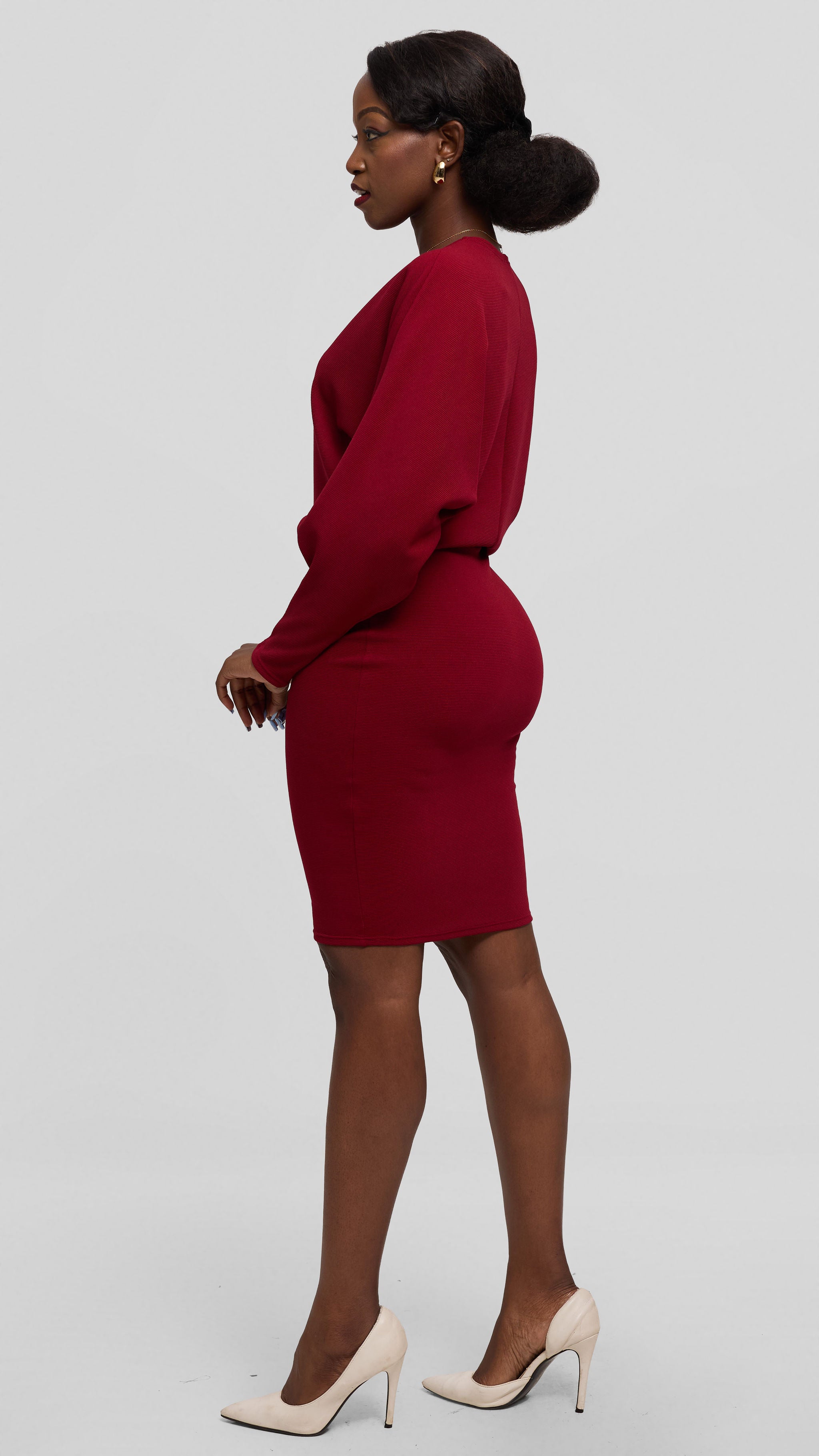 Vivo V-Neck Dress in Stretch Rib - Dark Red