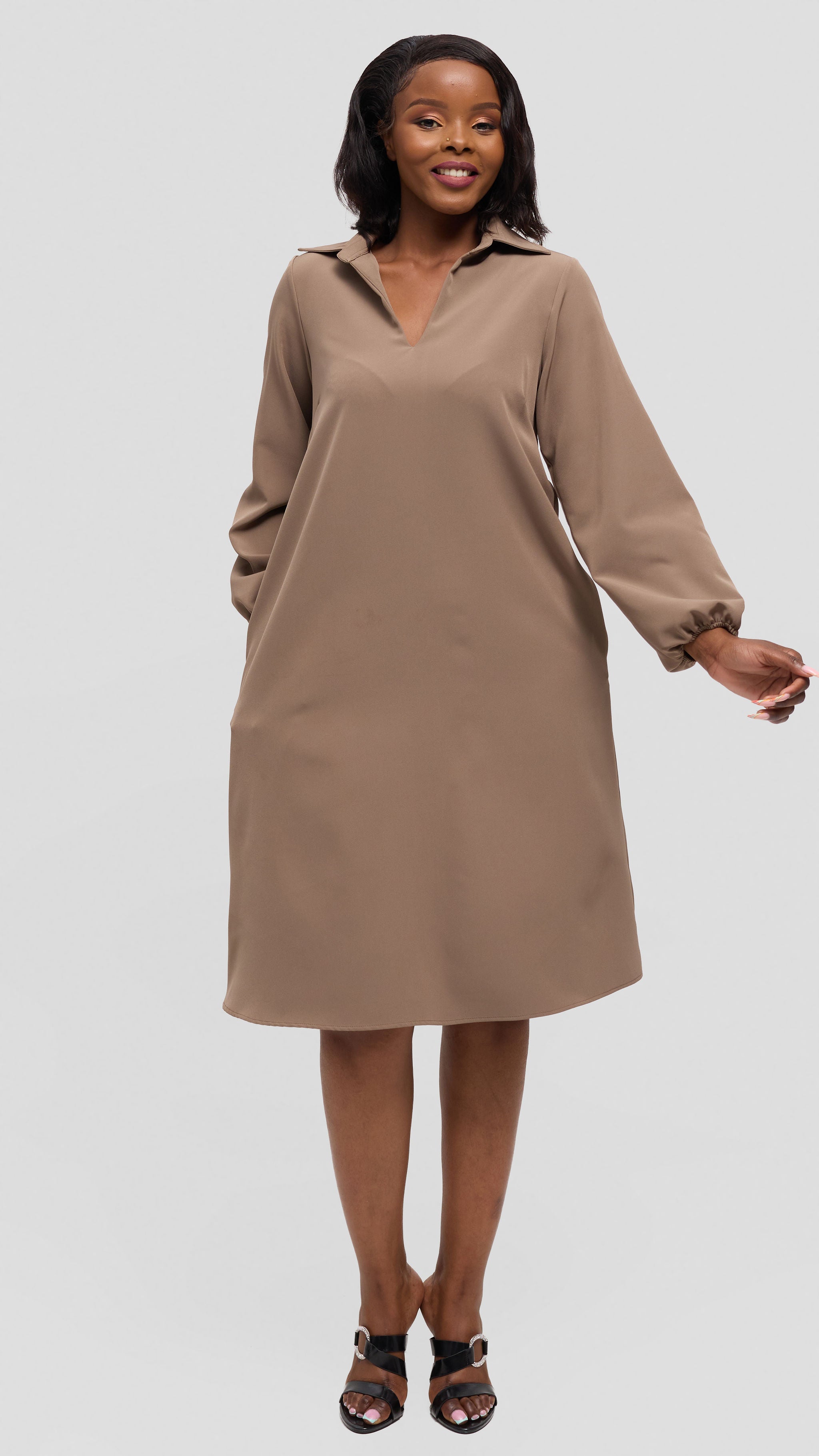Vivo Mandla Bishop Sleeve Tent Dress in Crepe - Taupe