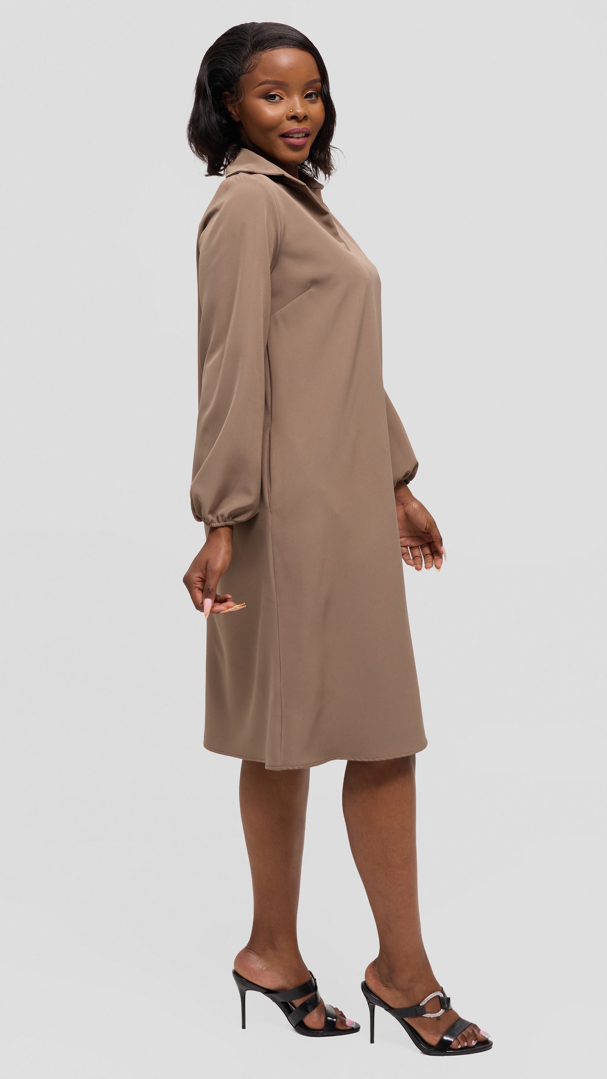 Vivo Mandla Bishop Sleeve Tent Dress in Crepe - Taupe