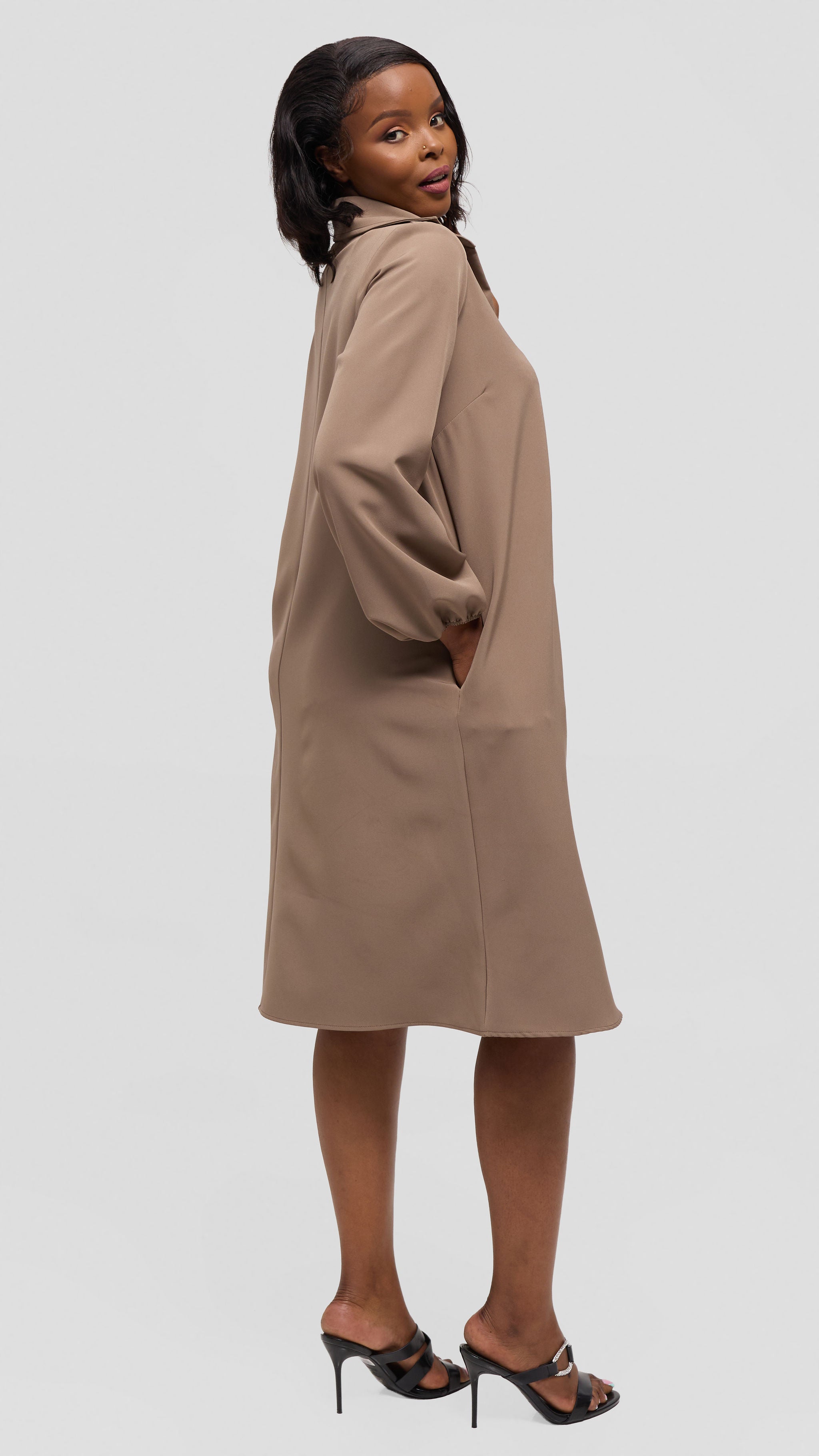 Vivo Mandla Bishop Sleeve Tent Dress in Crepe - Taupe