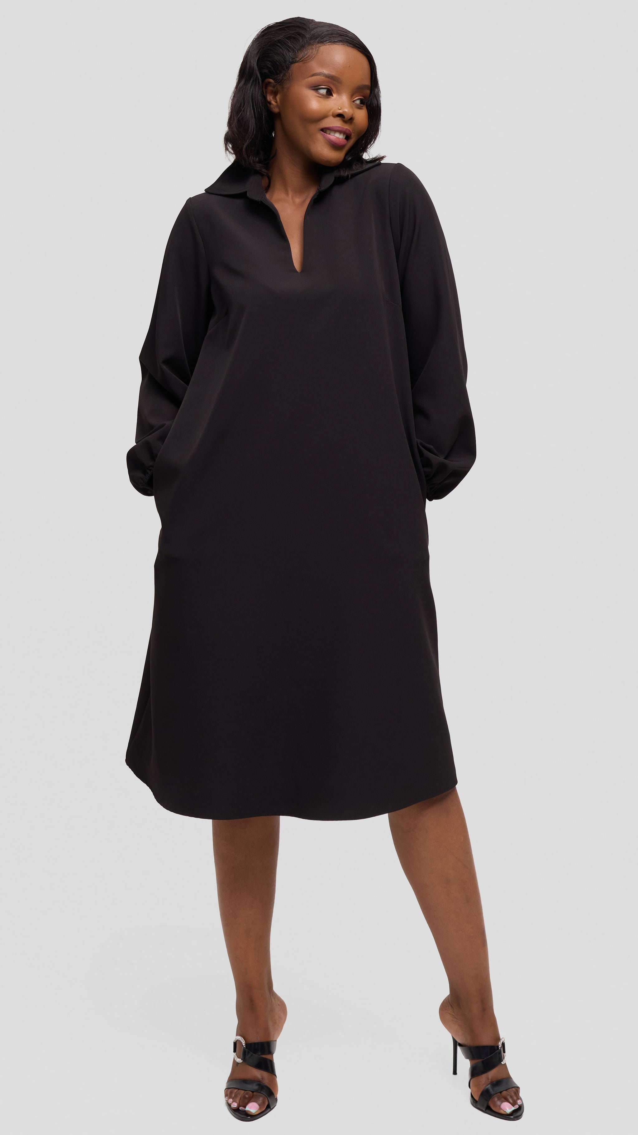 Vivo Mandla Bishop Sleeve Tent Dress in Crepe - Black