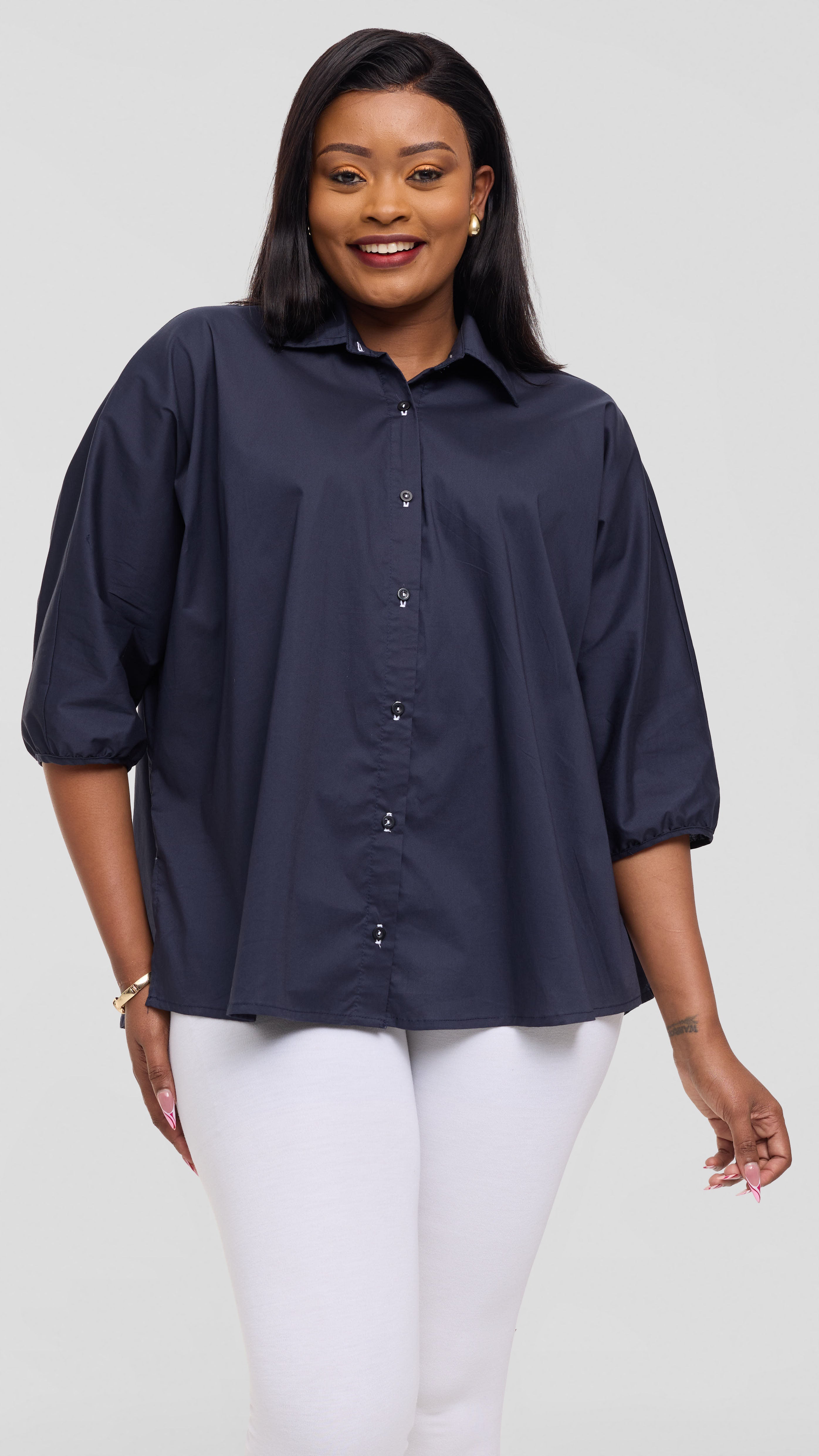 Vivo Back Pleat Loose Top in Cotton - Dark Navy