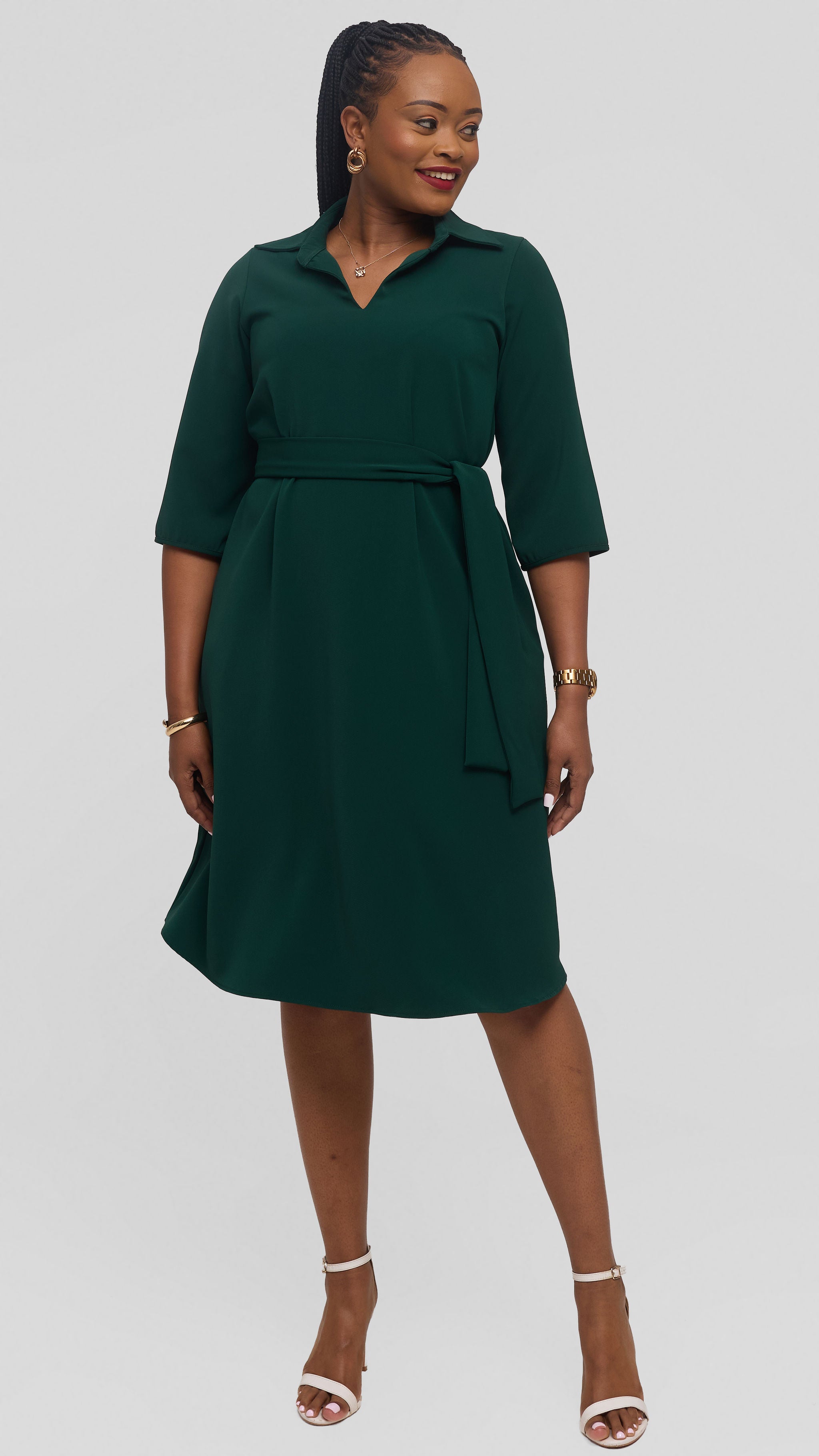 Vivo Zuri 3/4 Sleeve Knee Length Dress in Crepe - Dark Green