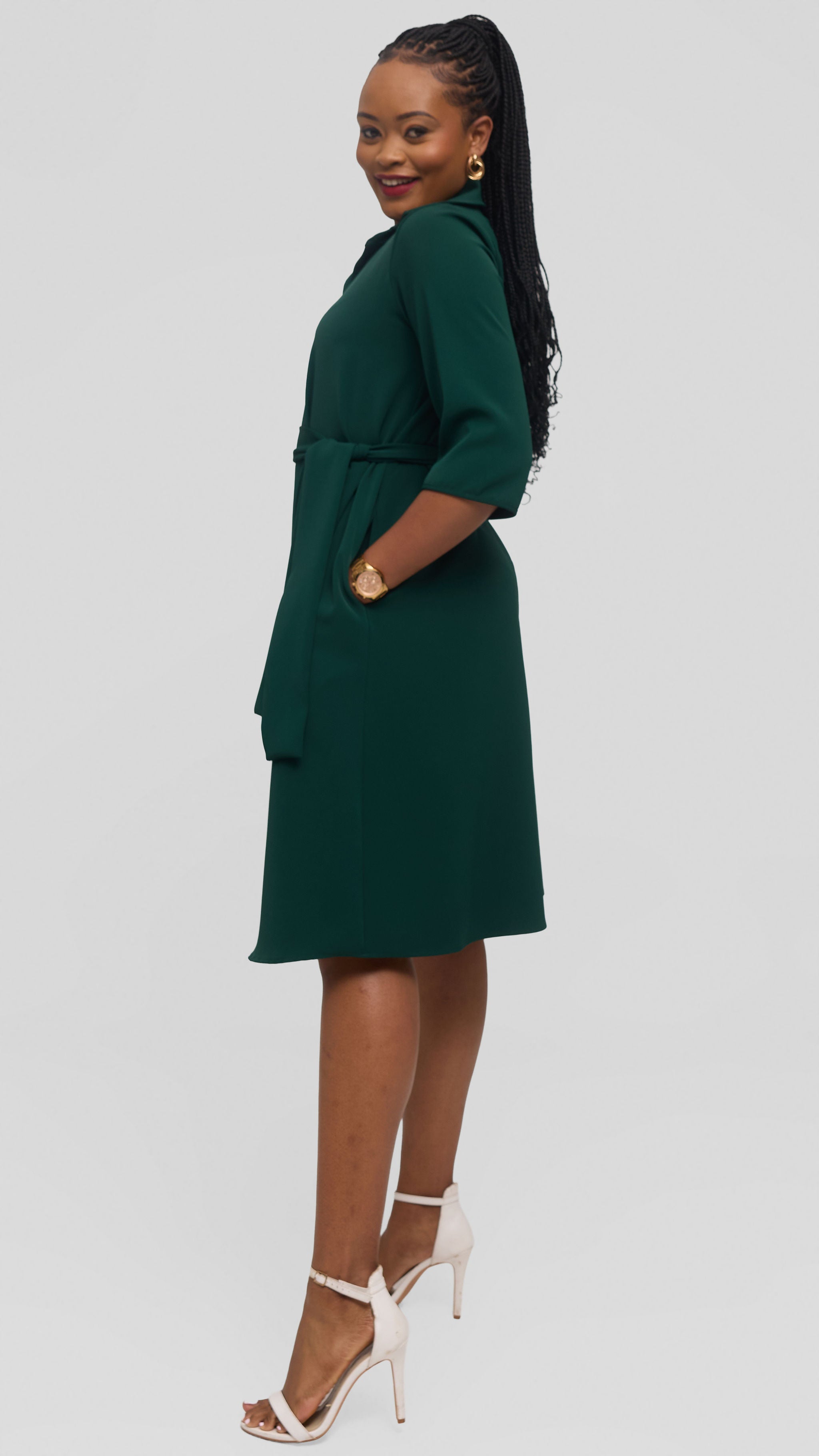 Vivo Zuri 3/4 Sleeve Knee Length Dress in Crepe - Dark Green