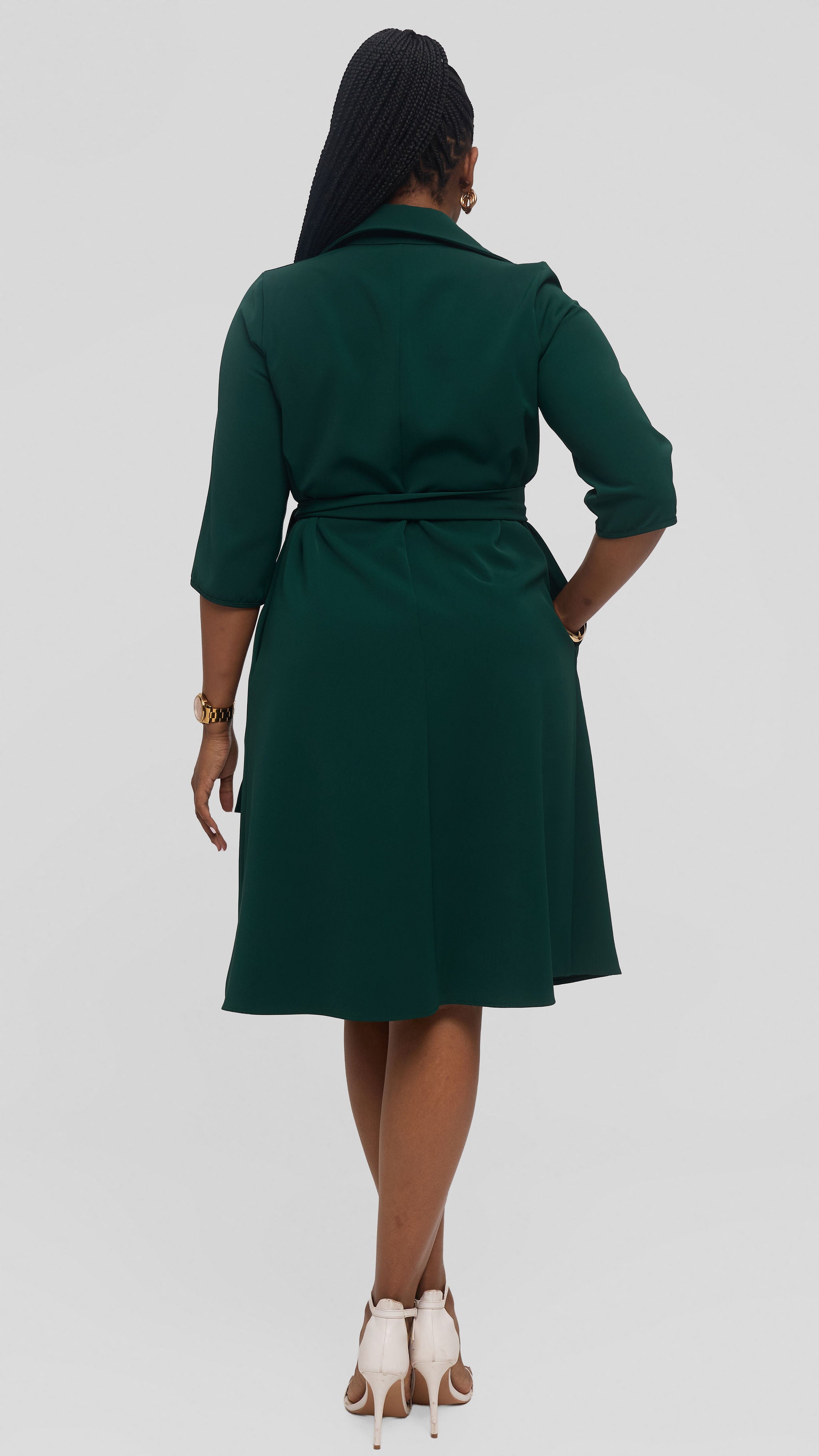 Vivo Zuri 3/4 Sleeve Knee Length Dress in Crepe - Dark Green