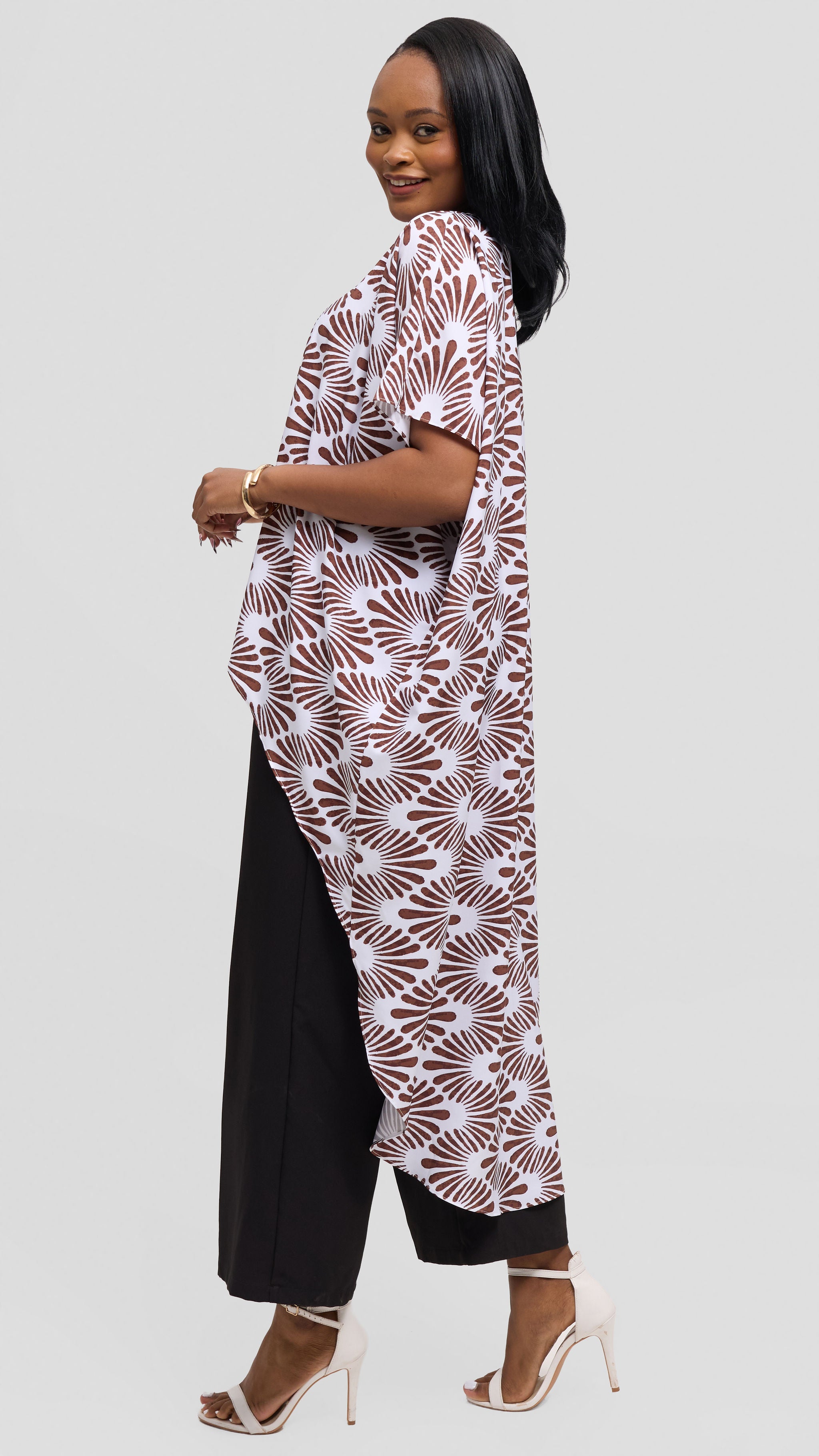 Vivo High Low Top in Crepe - White / Dark Chocolate Witu Print