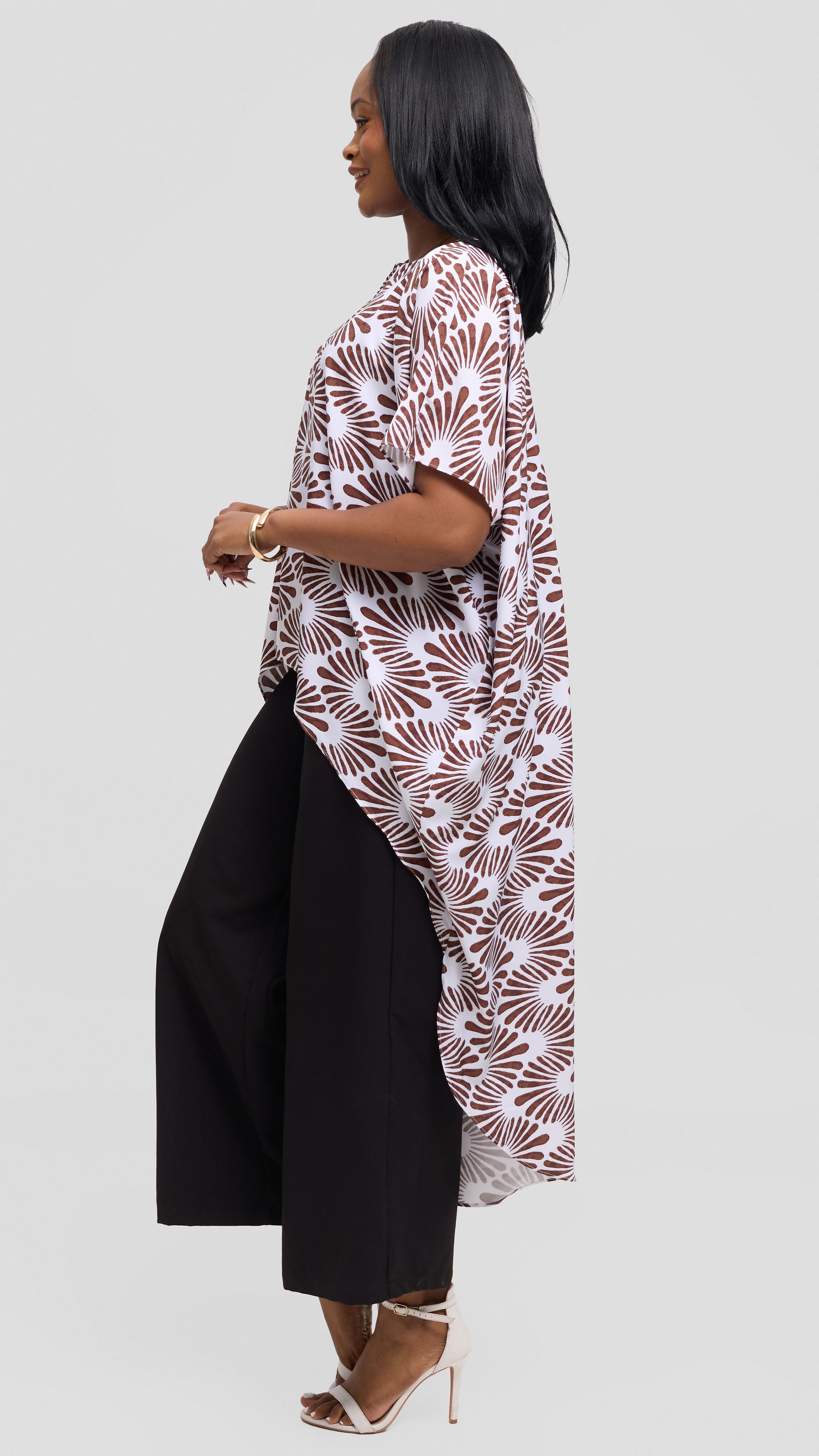Vivo High Low Top in Crepe - White / Dark Chocolate Witu Print