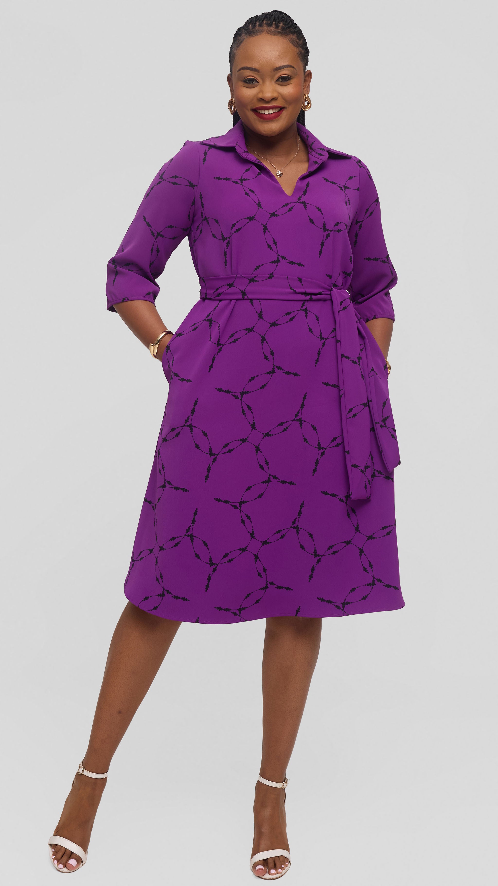 Vivo Zuri 3/4 Sleeve Knee Length Dress in Crepe - Purple / Black Shina Print