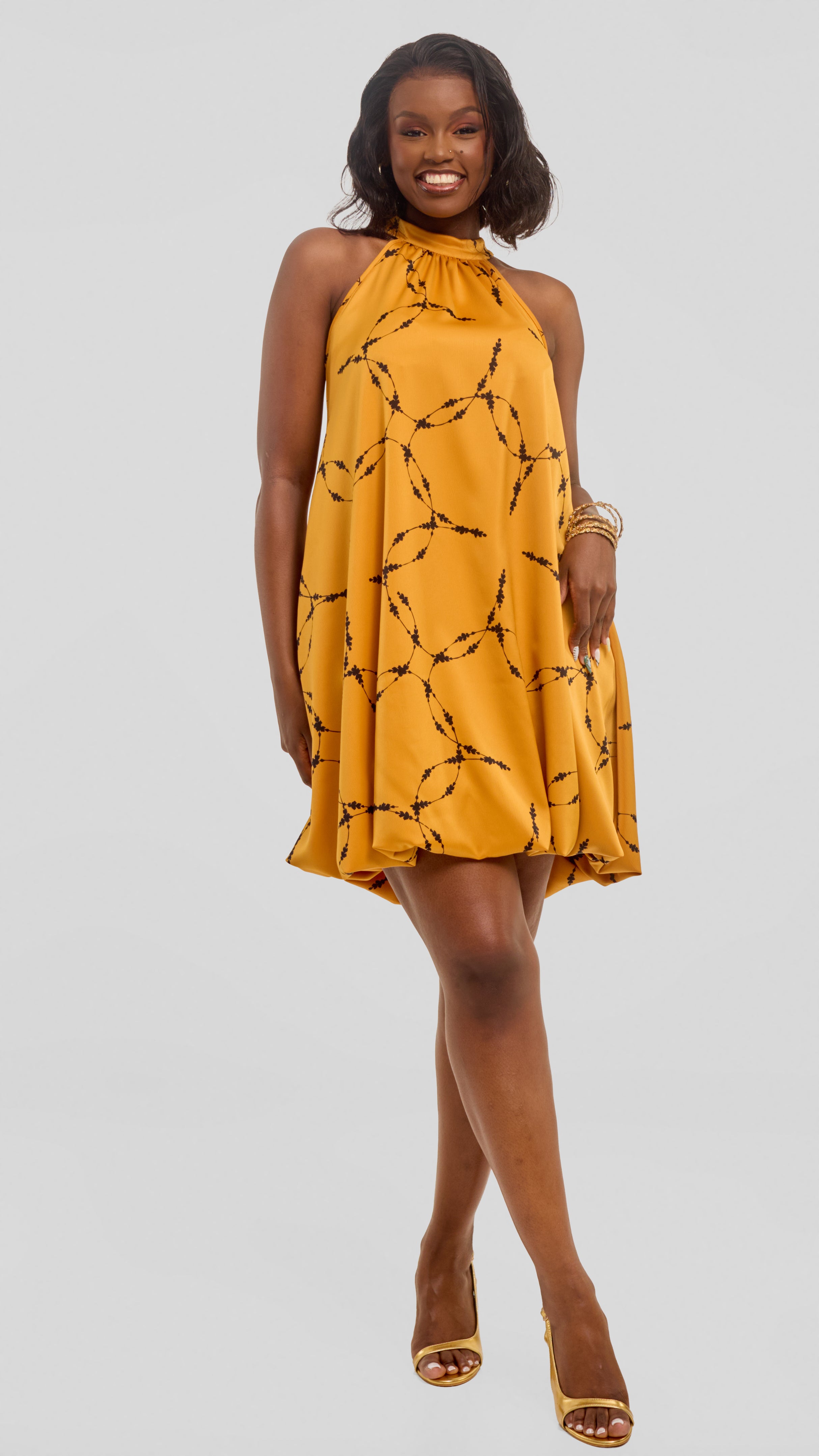 Vivo Iyana Bubble Mini Dress in Satin - Light Mustard / Black Shina Print