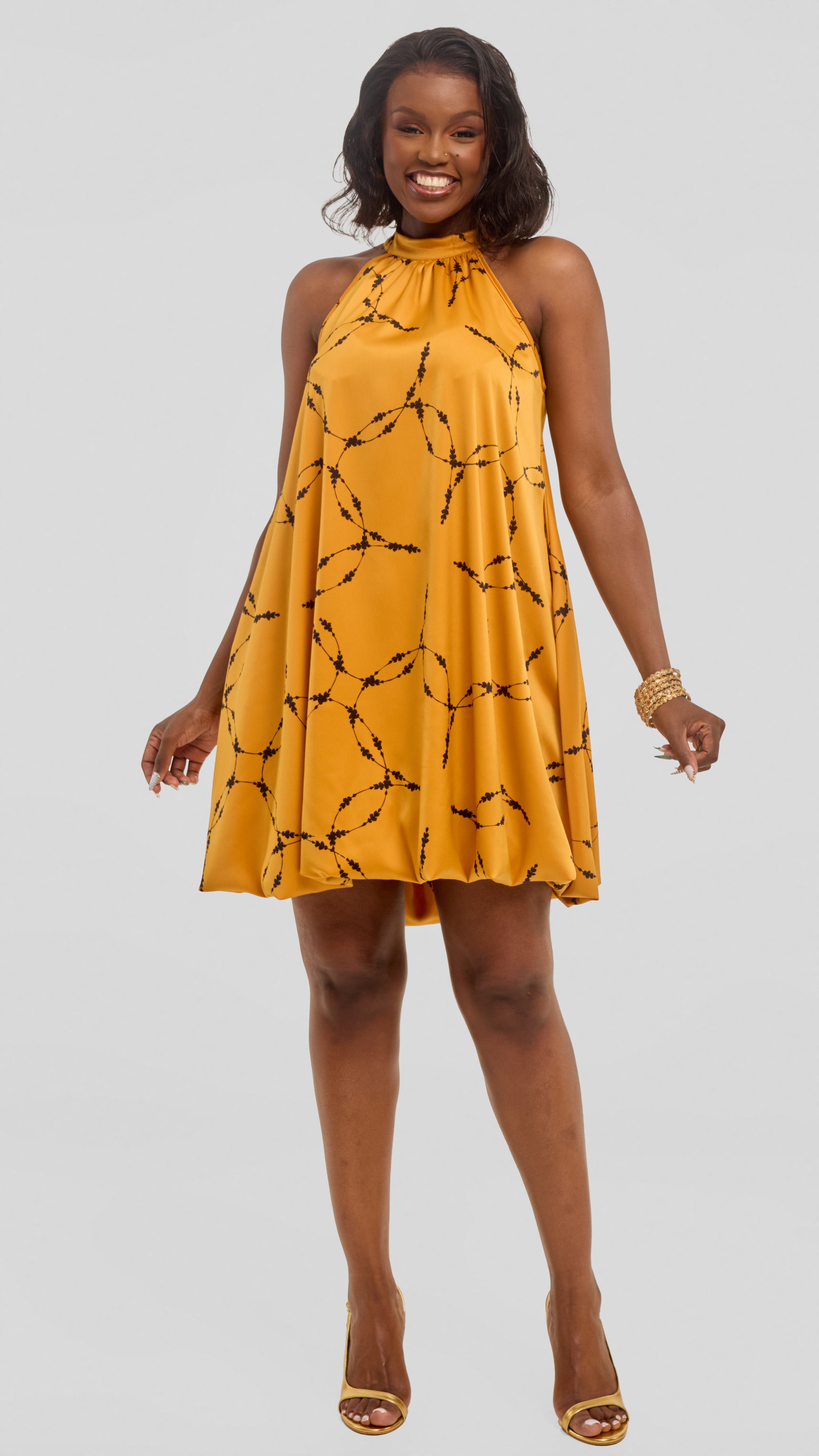Vivo Iyana Bubble Mini Dress in Satin - Light Mustard / Black Shina Print