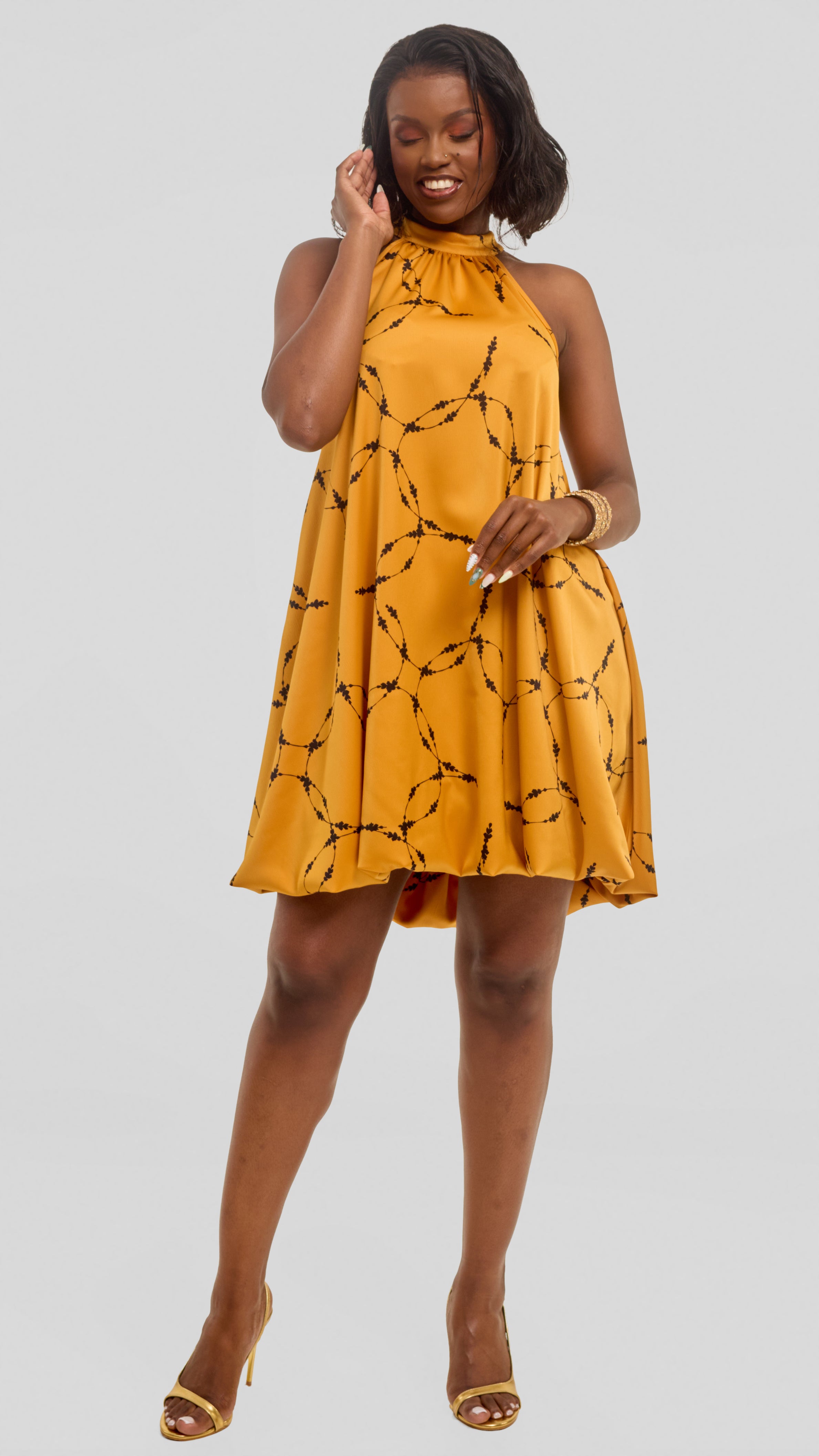 Vivo Iyana Bubble Mini Dress in Satin - Light Mustard / Black Shina Print