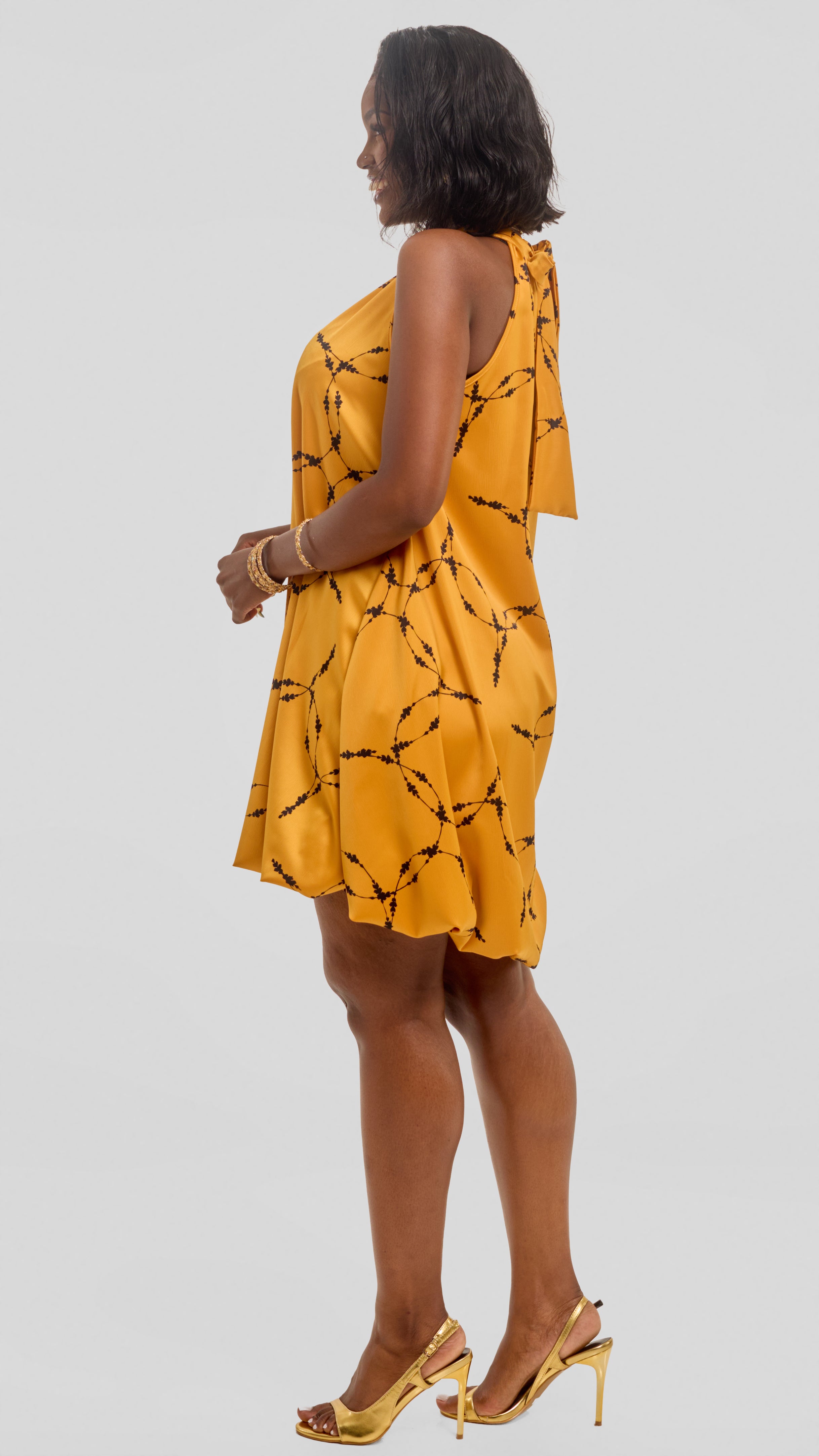 Vivo Iyana Bubble Mini Dress in Satin - Light Mustard / Black Shina Print