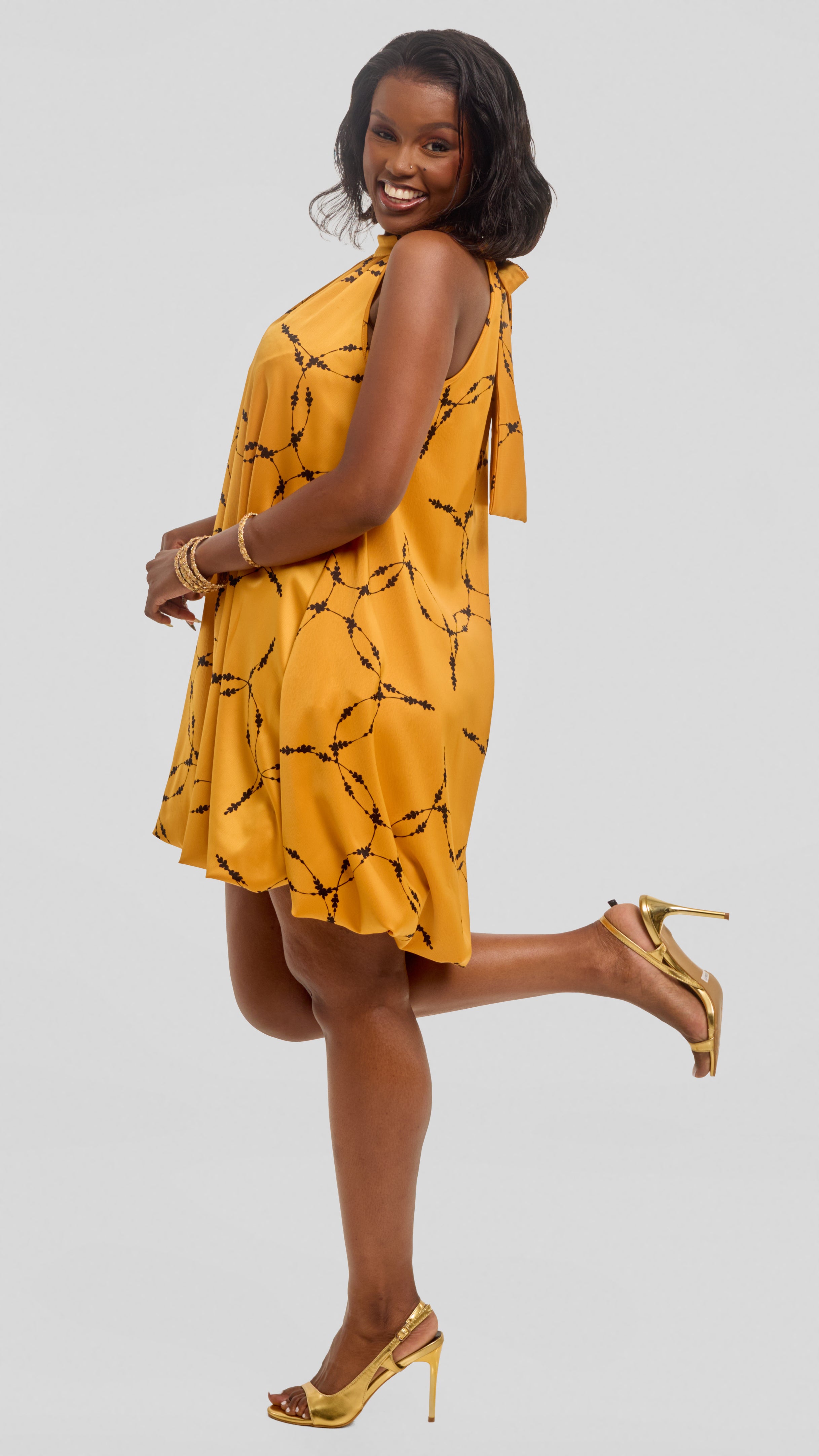 Vivo Iyana Bubble Mini Dress in Satin - Light Mustard / Black Shina Print