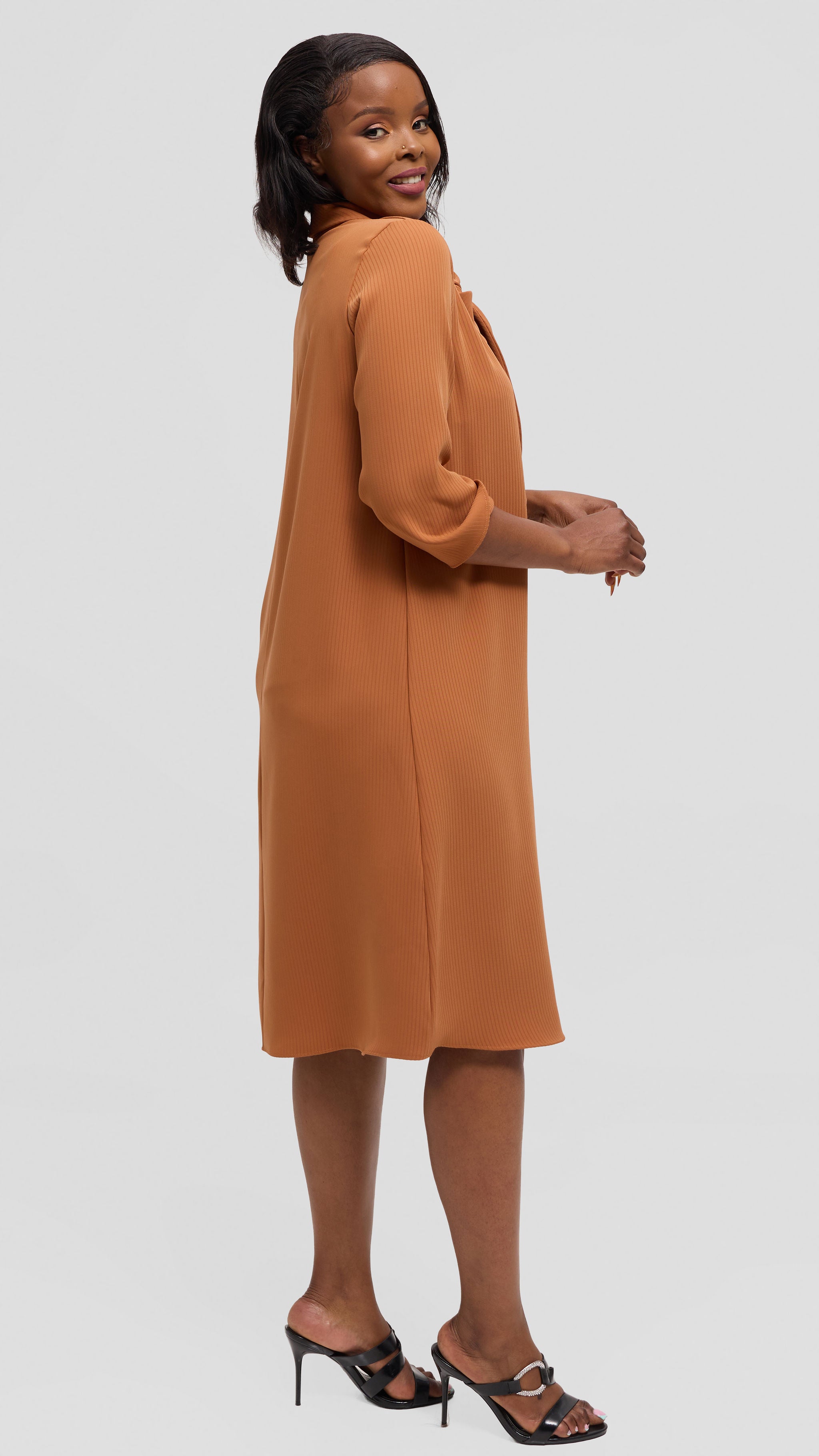 Vivo Tatili Pinstripe Tent Dress in Crepe - Light Brown