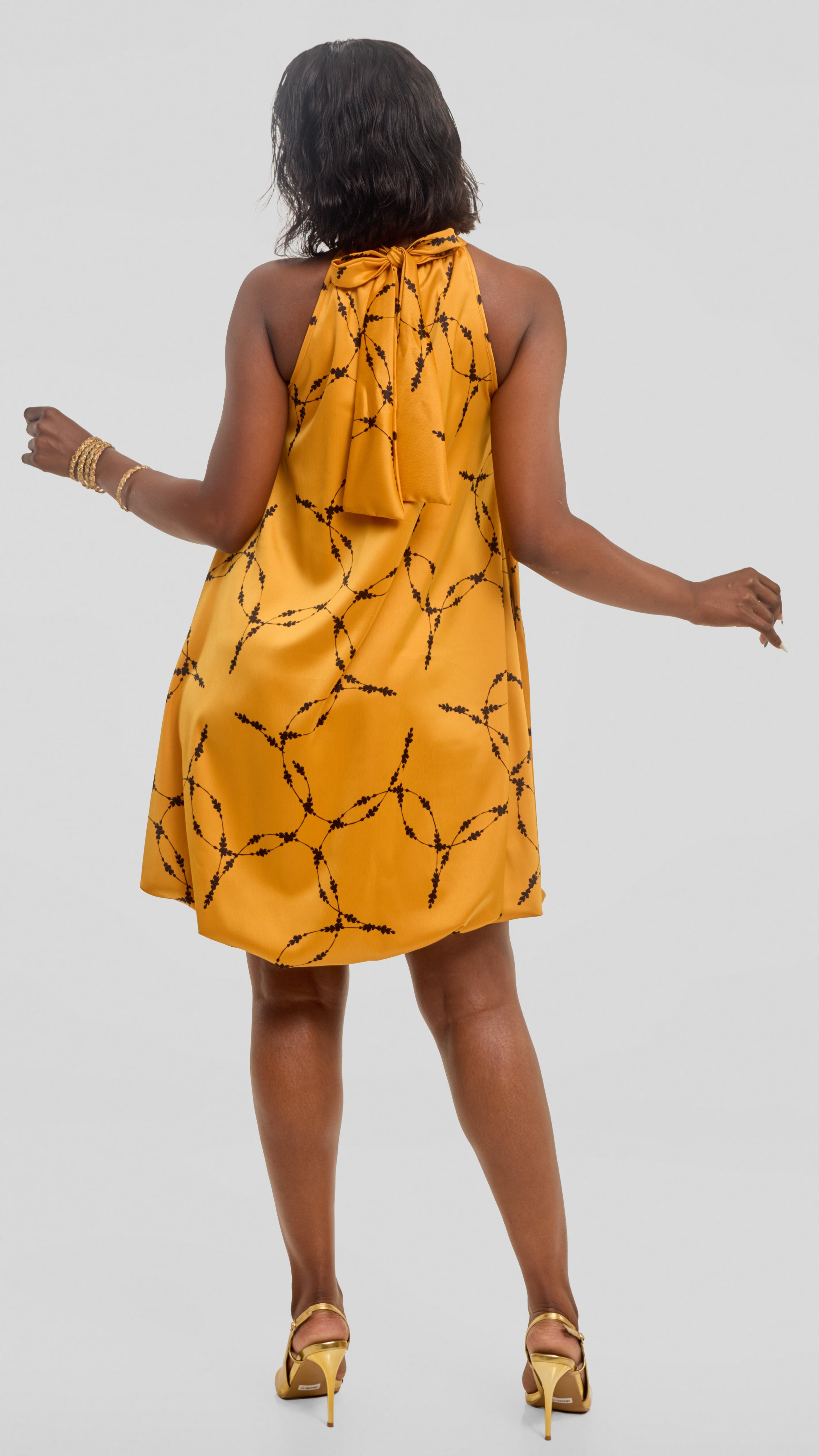 Vivo Iyana Bubble Mini Dress in Satin - Light Mustard / Black Shina Print