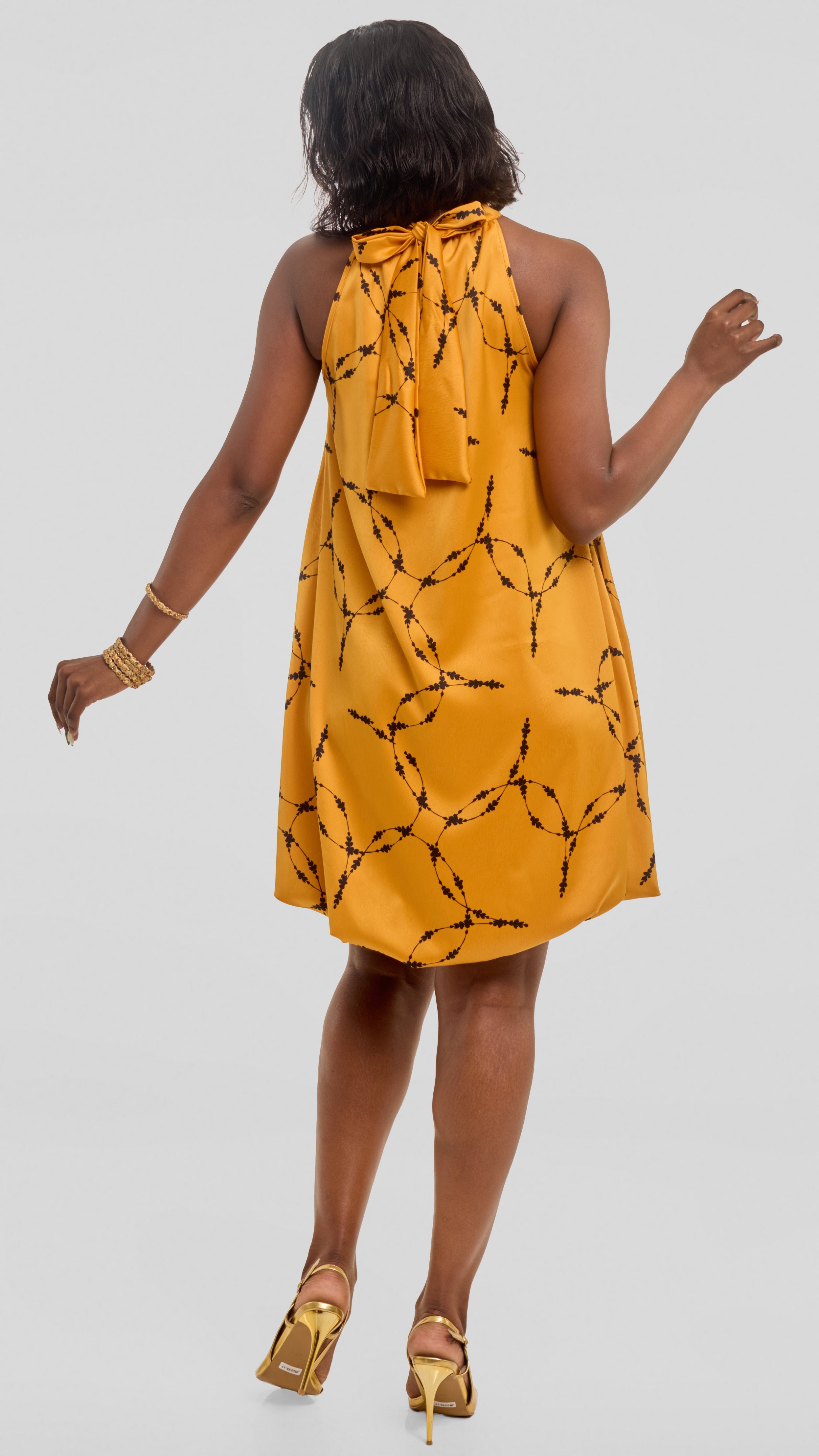 Vivo Iyana Bubble Mini Dress in Satin - Light Mustard / Black Shina Print