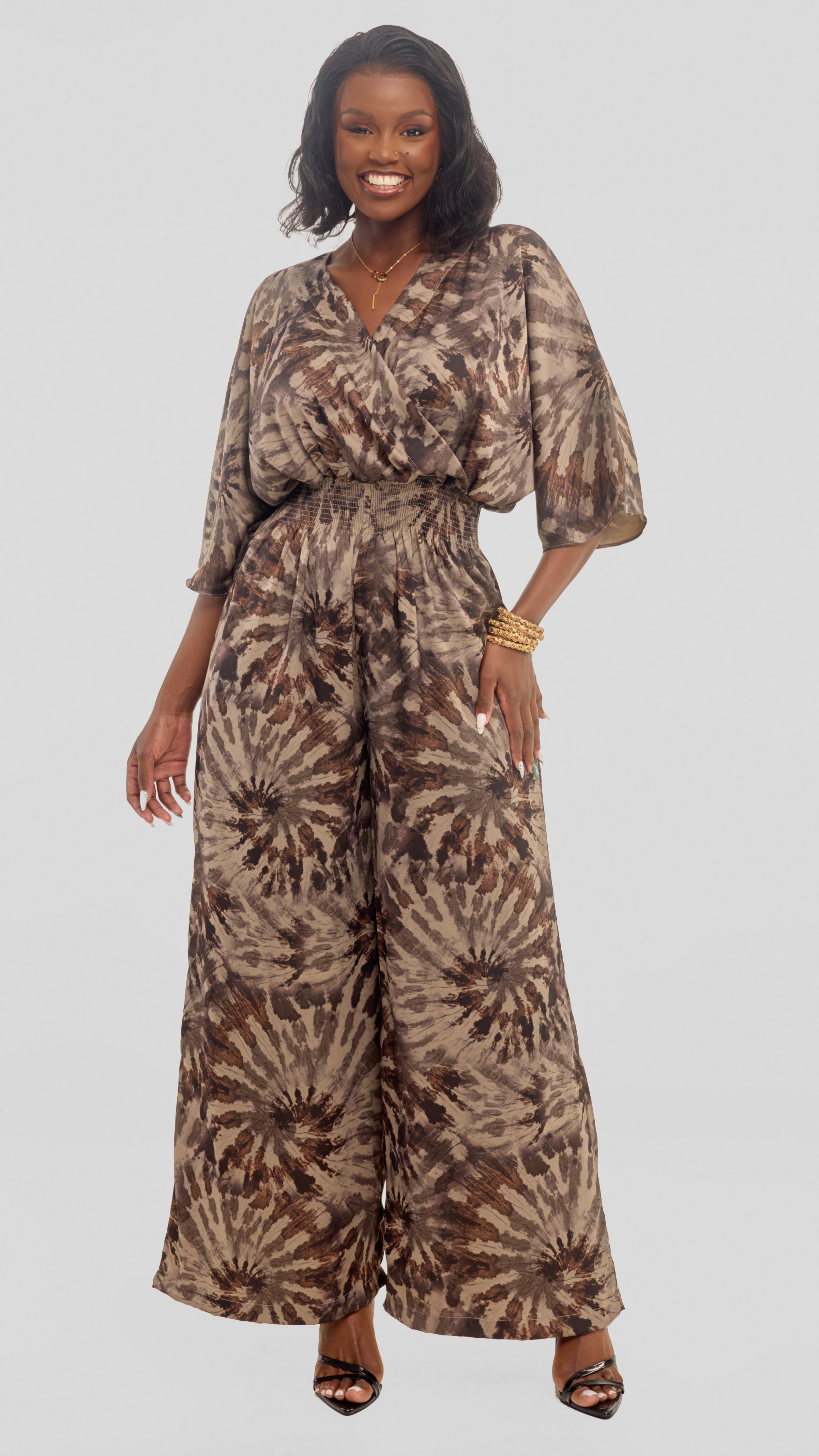 Vivo Iyana Shirred Waist Jumpsuit in Textured Satin - Beige / Brown Print