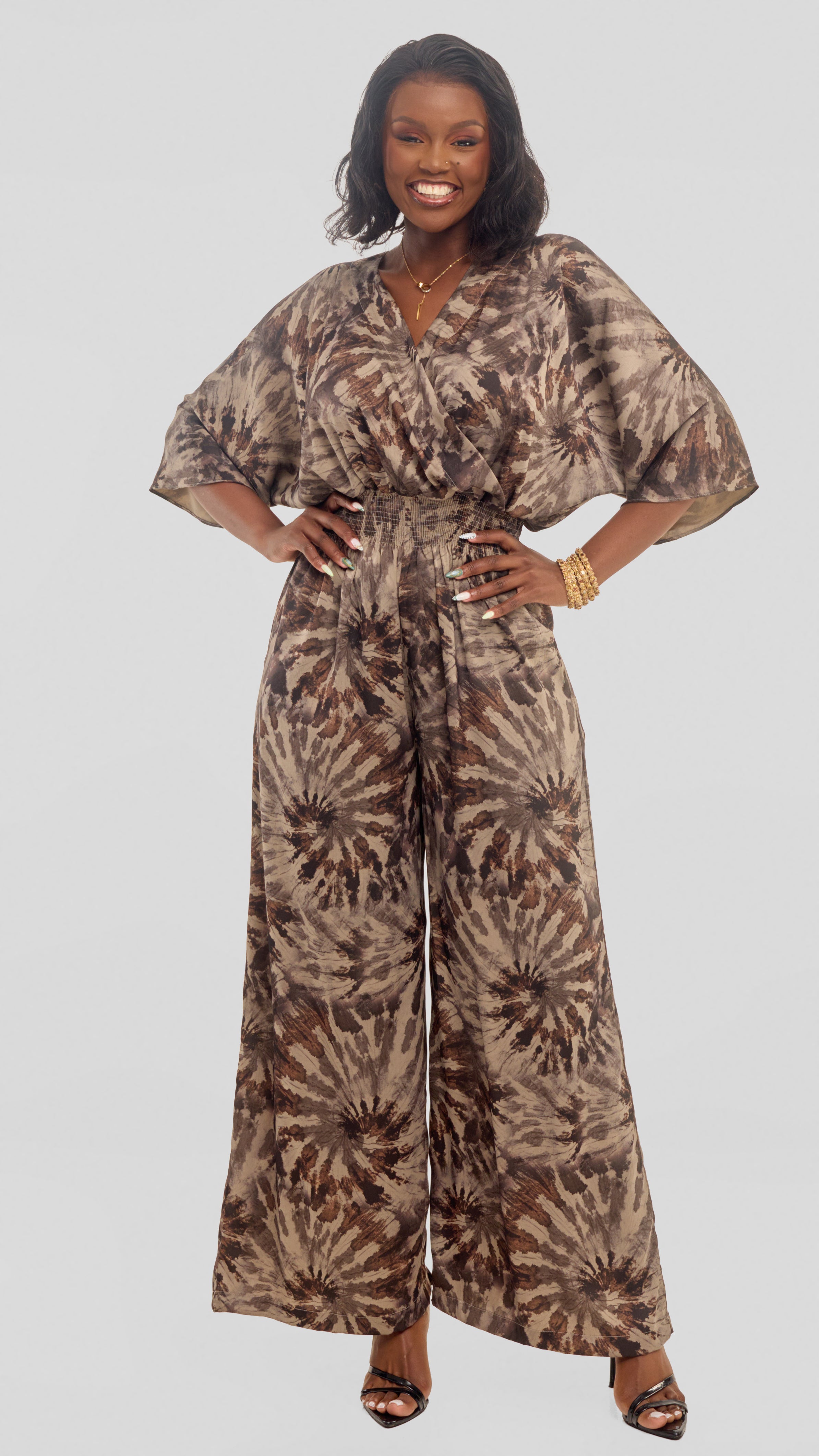 Vivo Iyana Shirred Waist Jumpsuit in Textured Satin - Beige / Brown Print