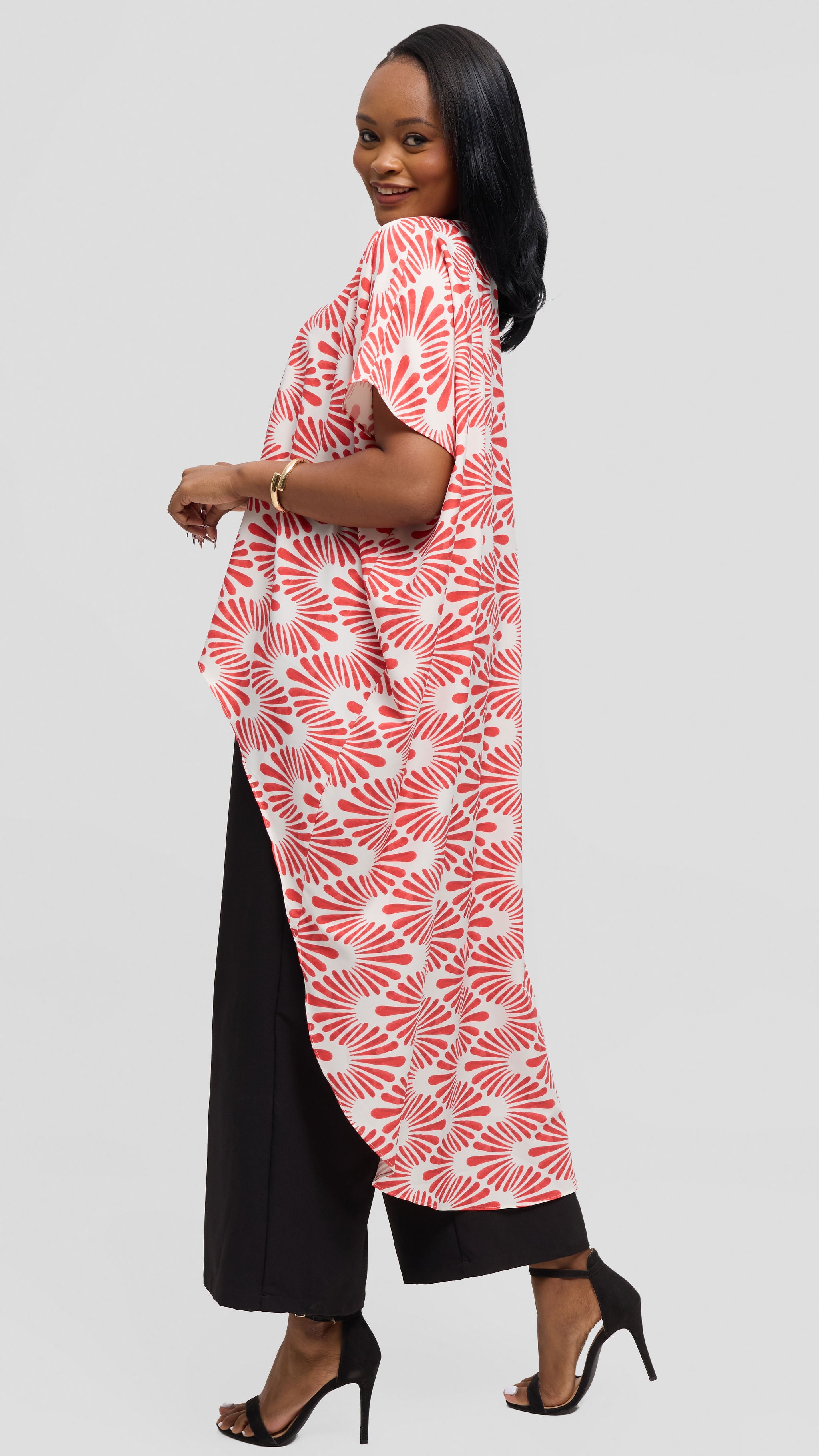 Vivo High Low Top in Crepe - Off White / Red Witu Print