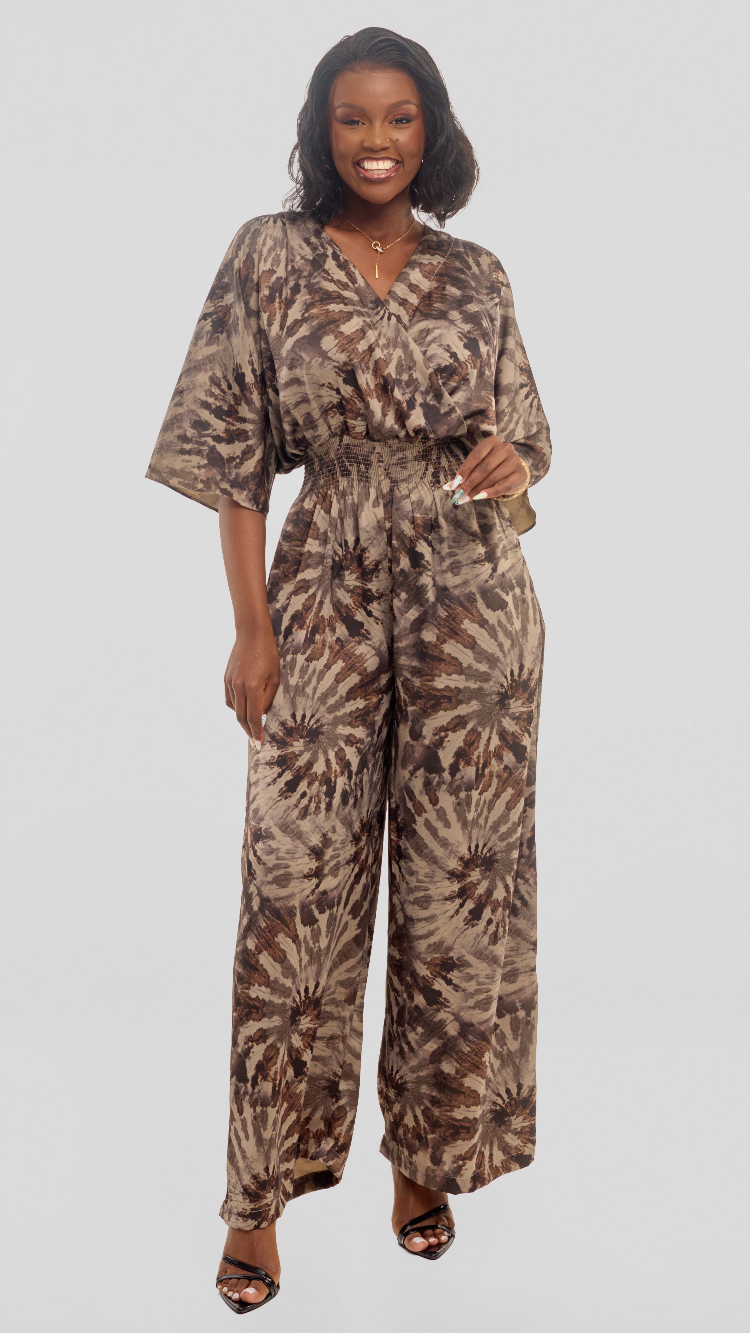 Vivo Iyana Shirred Waist Jumpsuit in Textured Satin - Beige / Brown Print