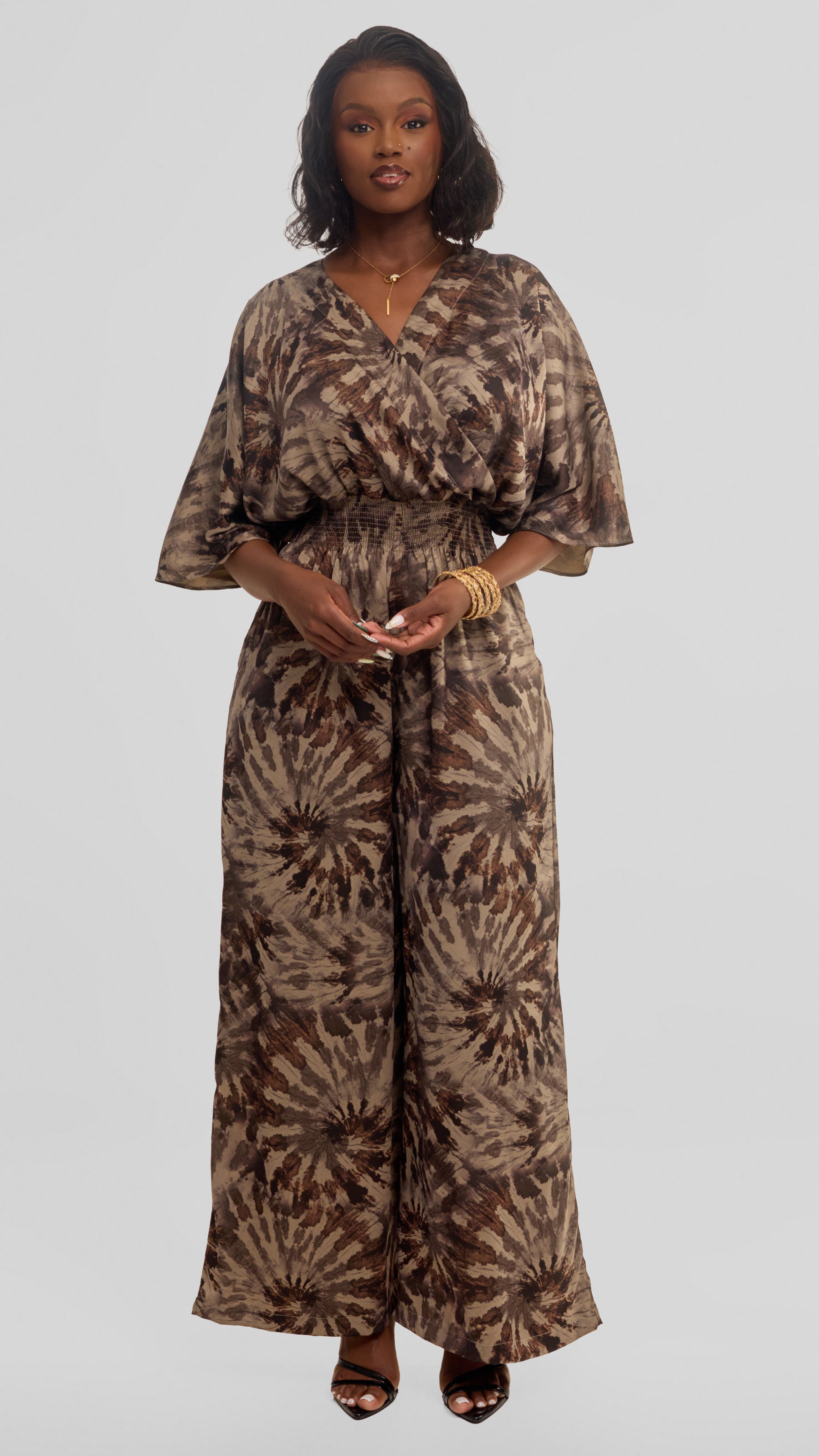 Vivo Iyana Shirred Waist Jumpsuit in Textured Satin - Beige / Brown Print