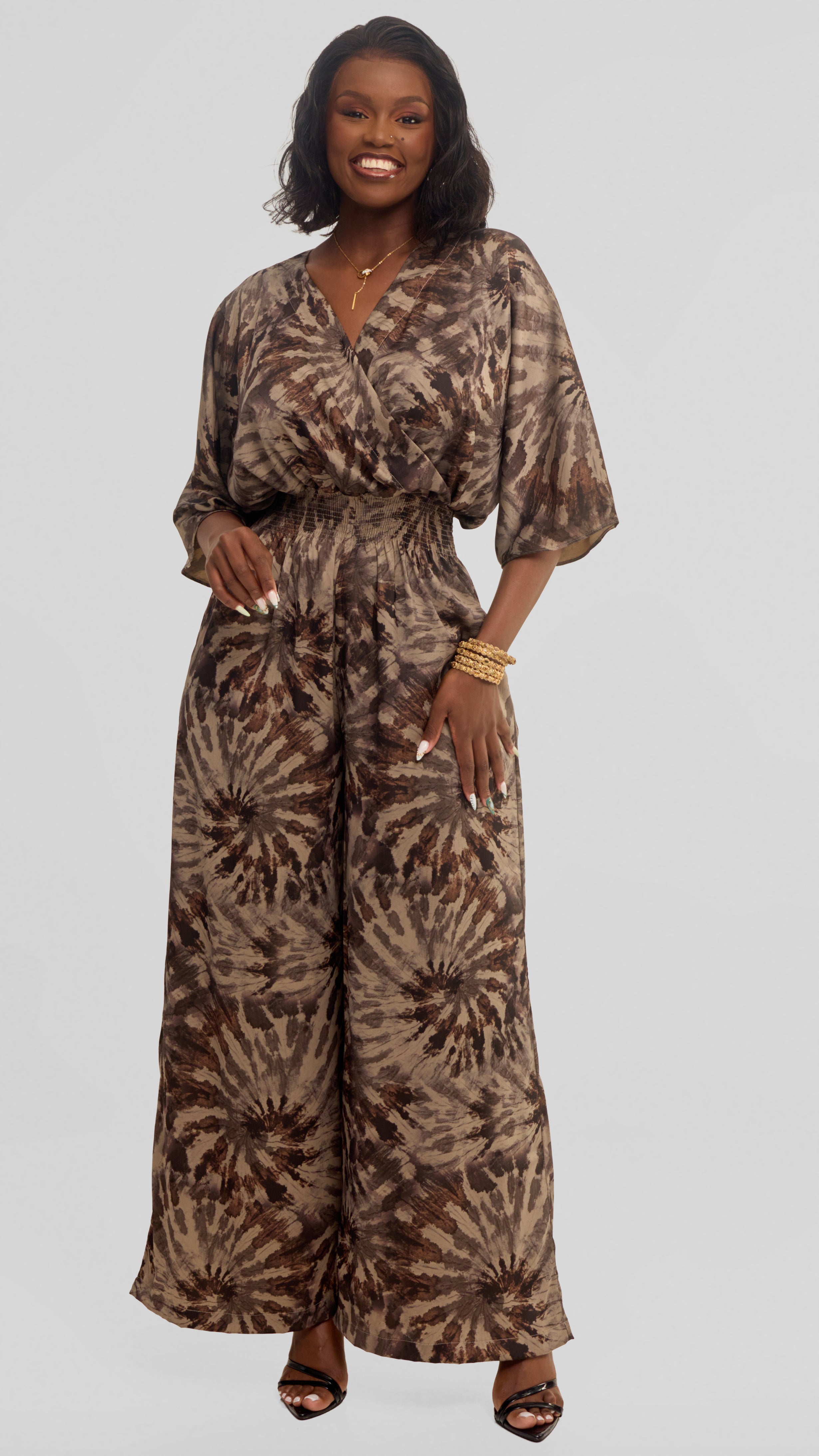 Vivo Iyana Shirred Waist Jumpsuit in Textured Satin - Beige / Brown Print