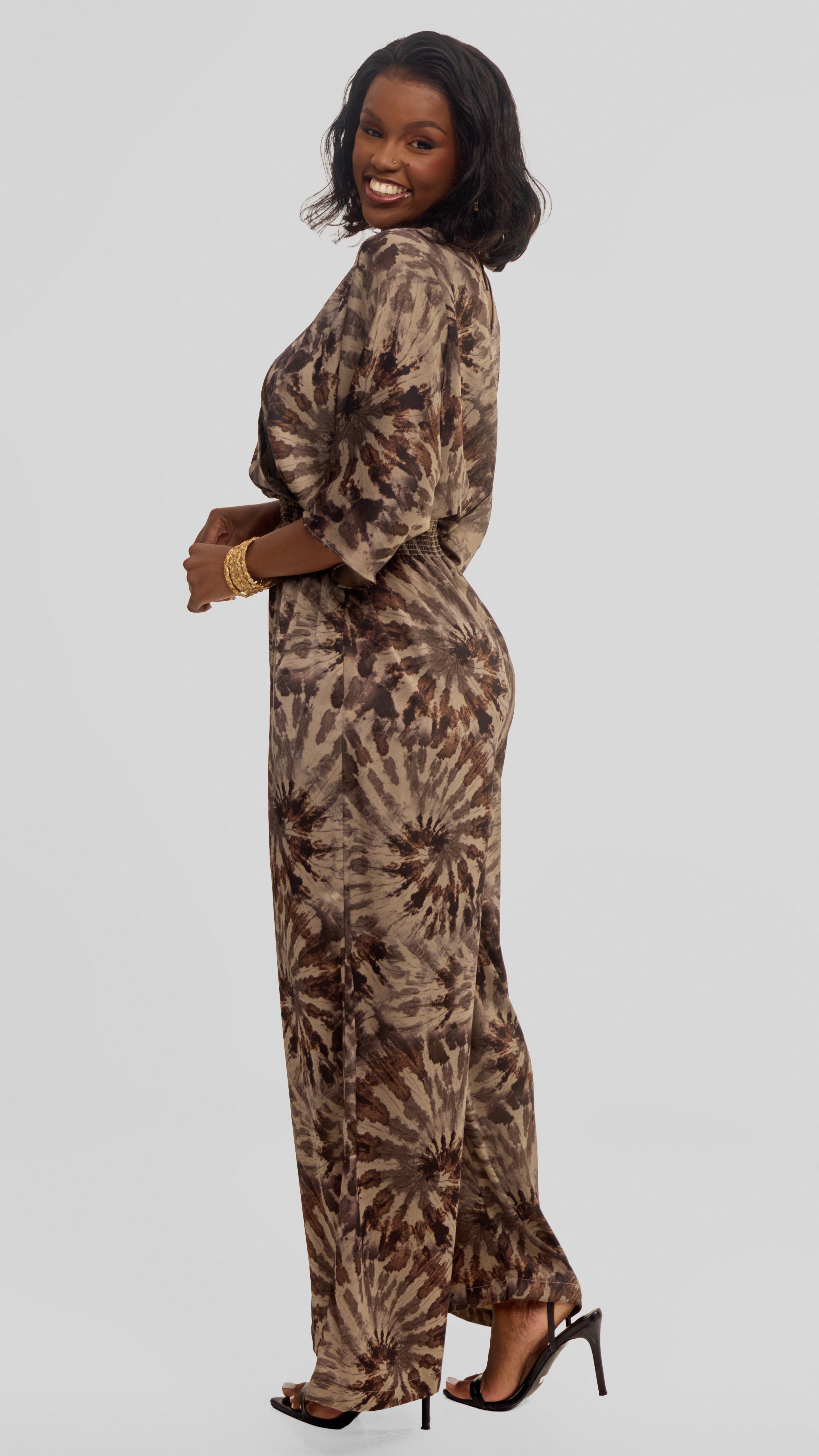Vivo Iyana Shirred Waist Jumpsuit in Textured Satin - Beige / Brown Print
