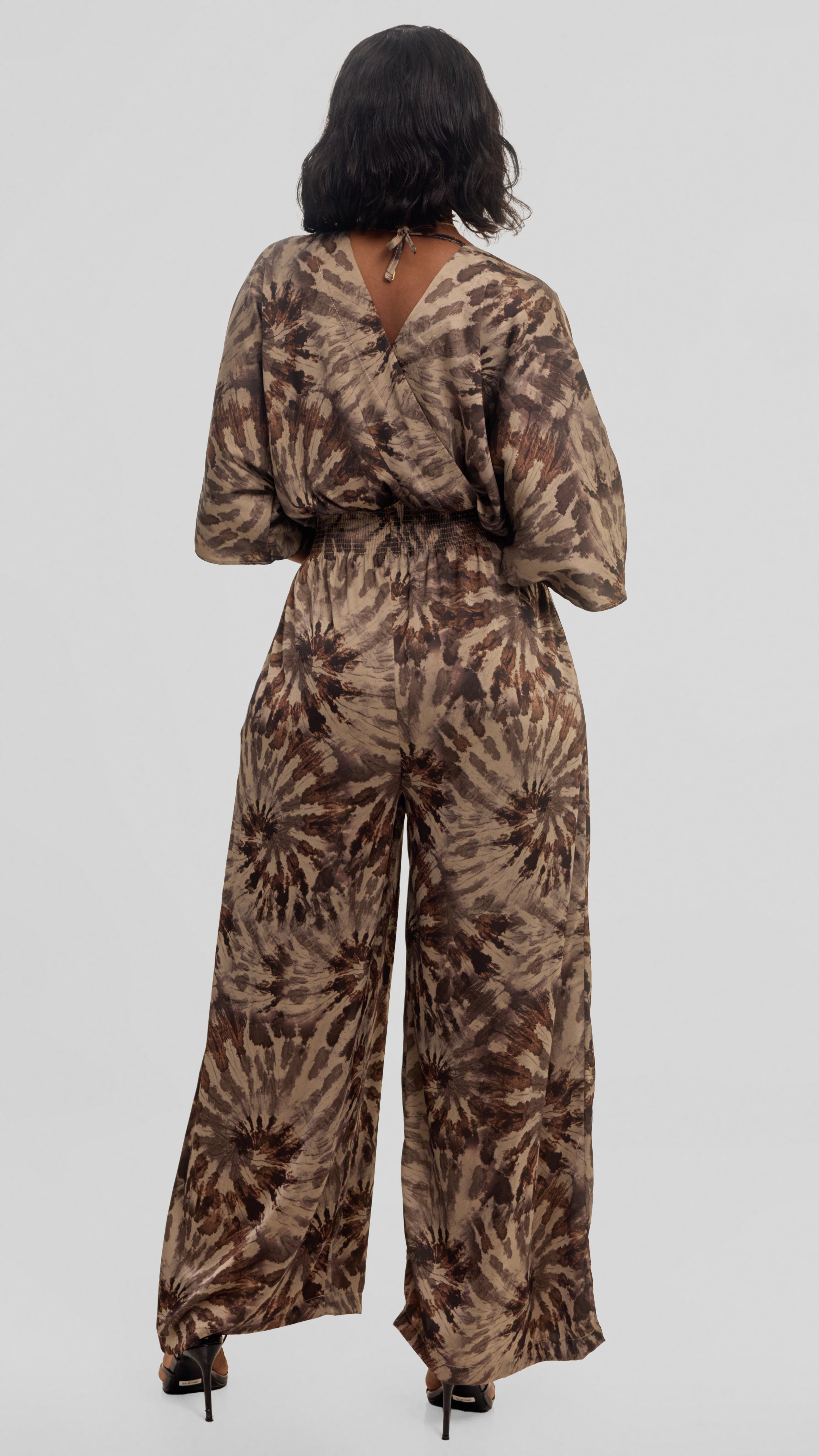 Vivo Iyana Shirred Waist Jumpsuit in Textured Satin - Beige / Brown Print