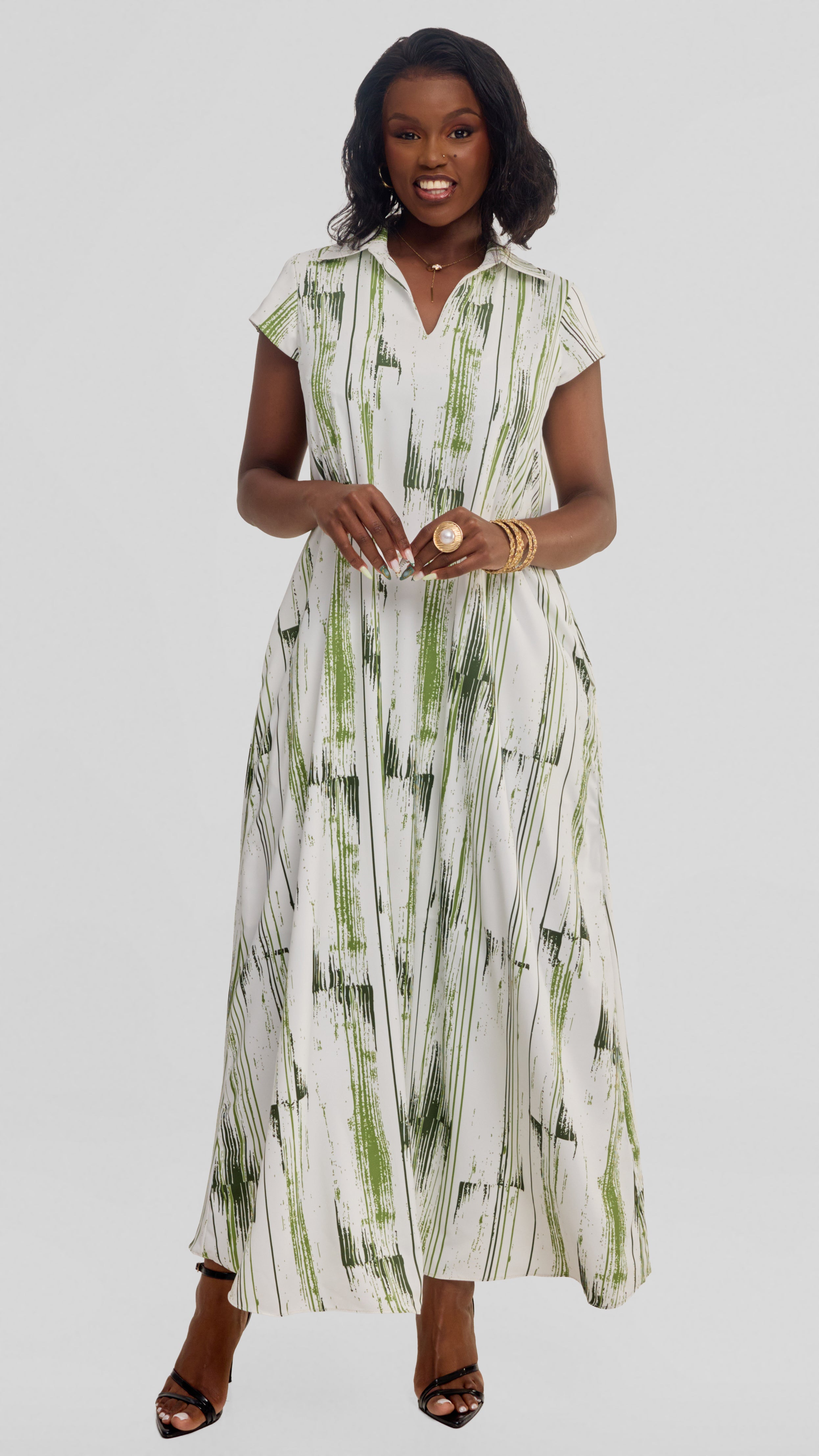 Vivo Zuri Cap Sleeve Maxi Dress in Crepe - Dark Green / Green Siolo Print