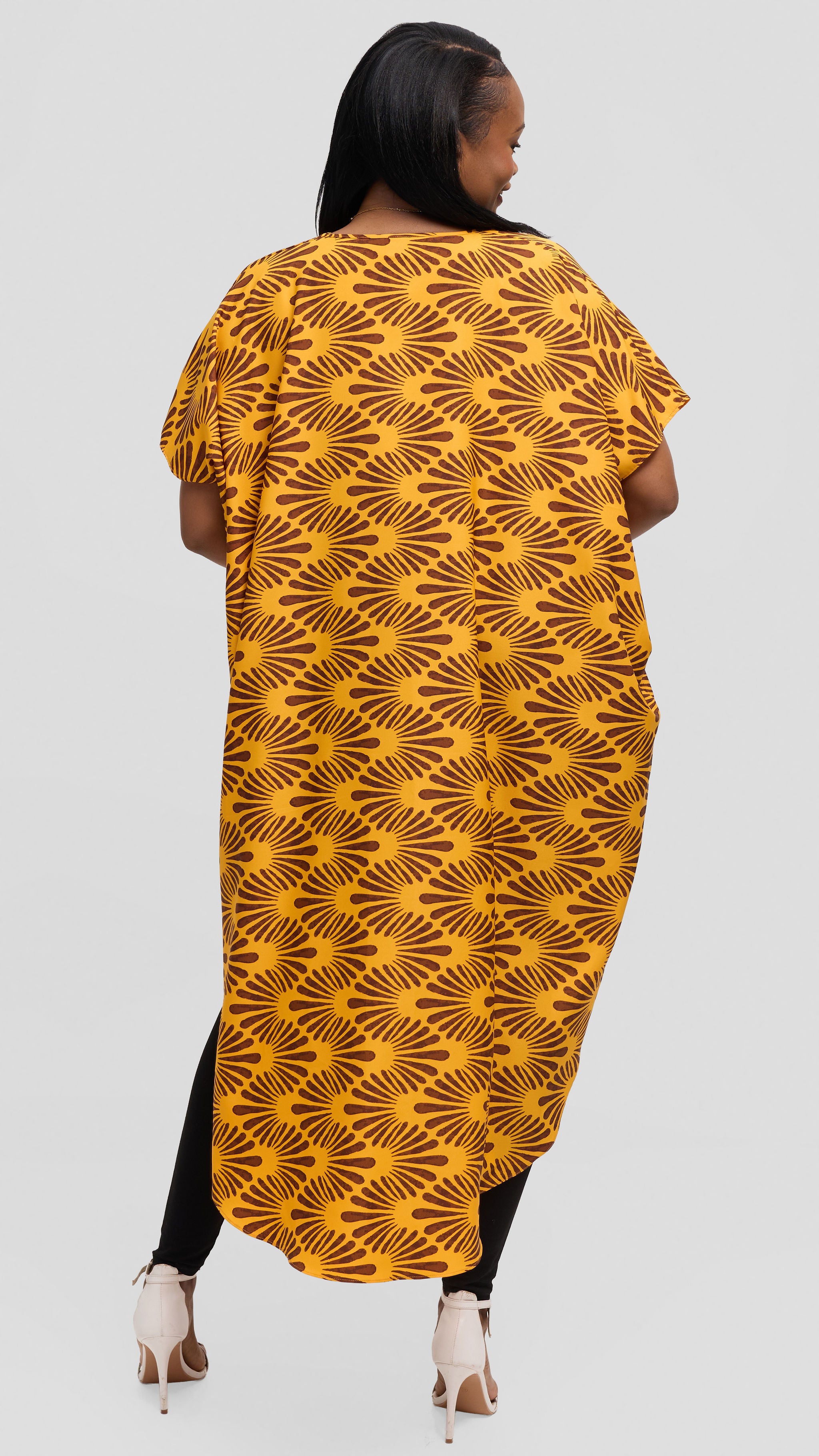 Vivo High Low Top in Crepe - Mustard / Dark Chocolate Witu Print