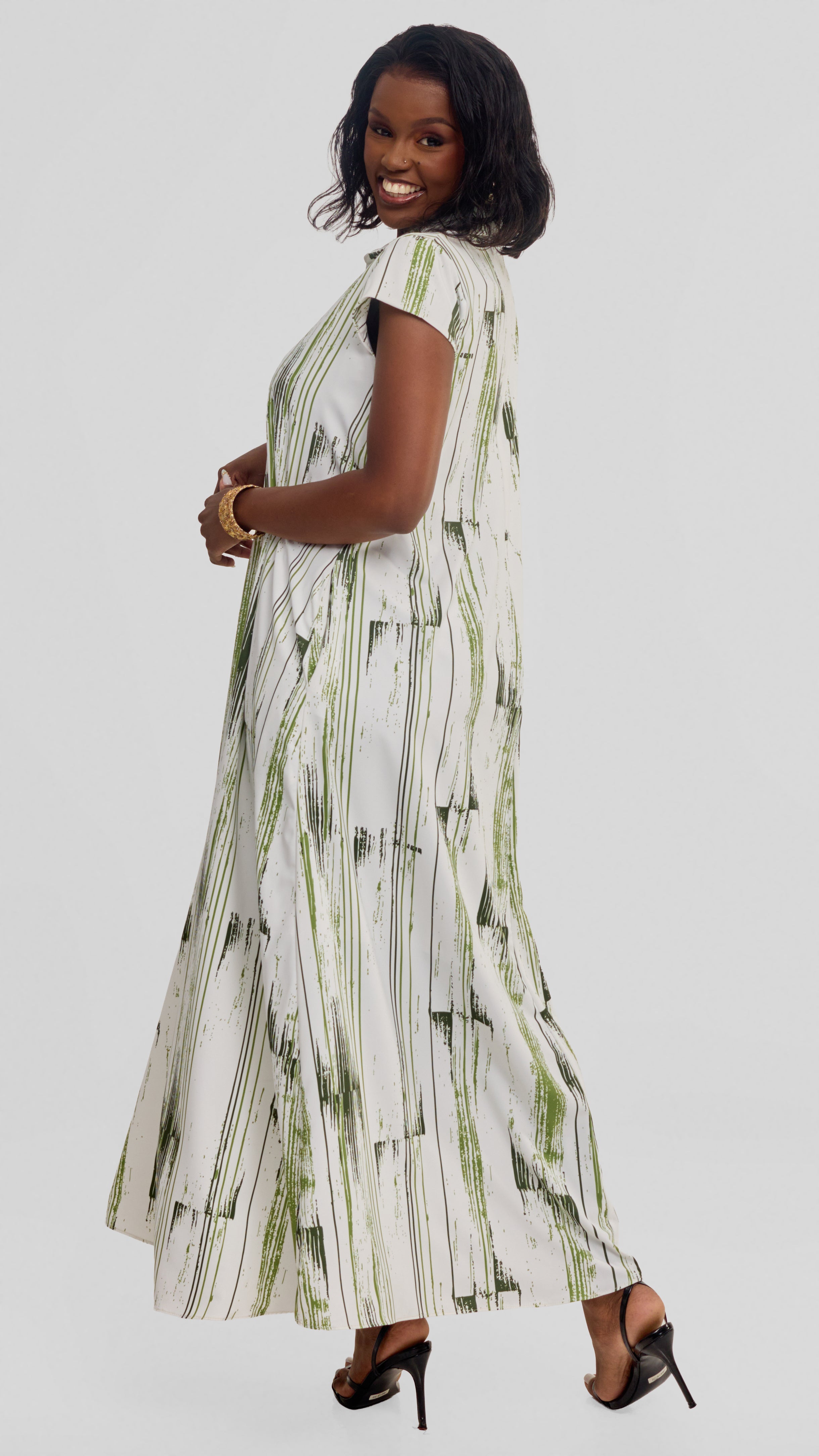 Vivo Zuri Cap Sleeve Maxi Dress in Crepe - Dark Green / Green Siolo Print