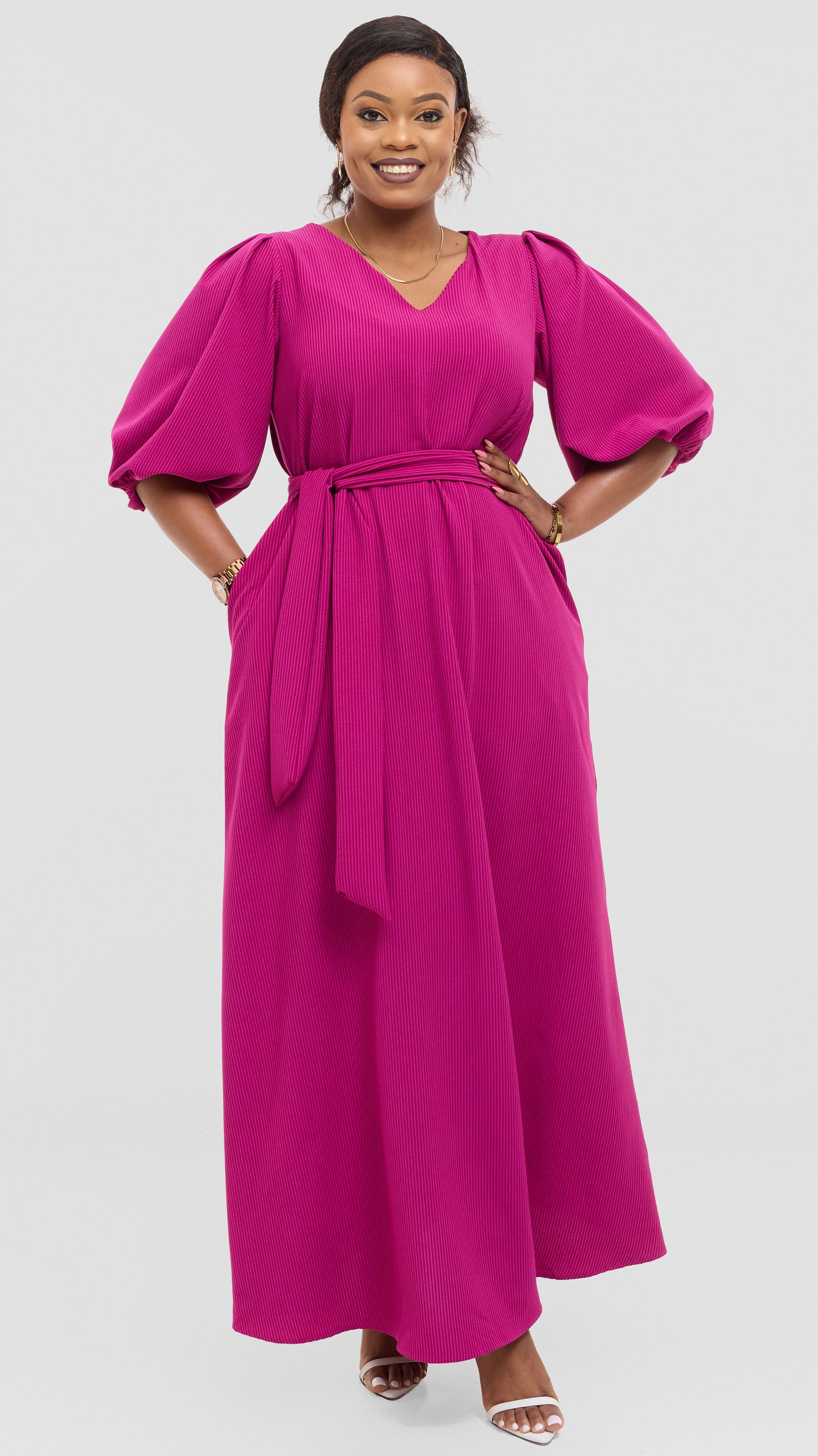 Vivo Bishop Sleeve Maxi Dress in Crepe - Fuschia Pinstripes