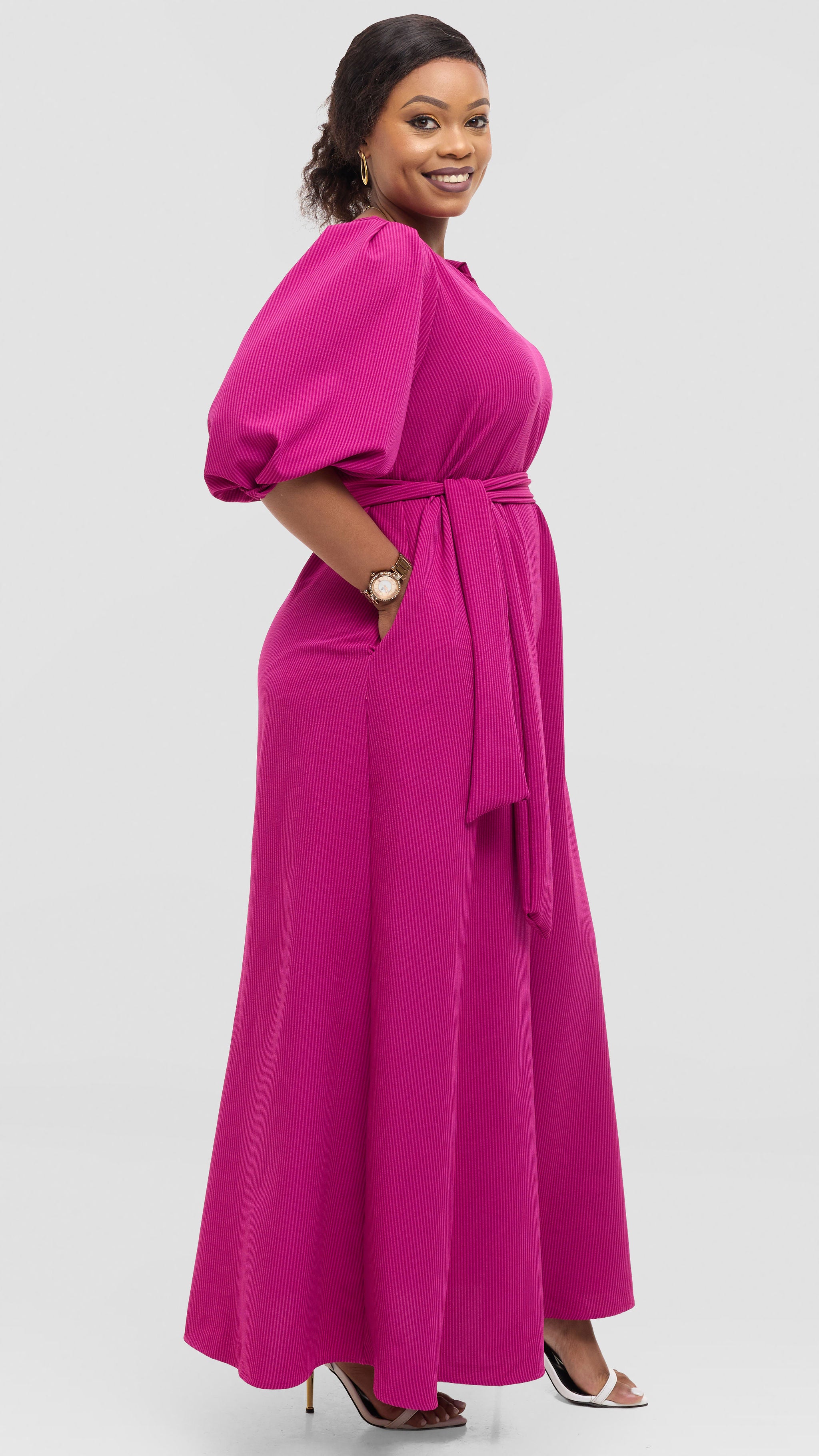 Vivo Bishop Sleeve Maxi Dress in Crepe - Fuschia Pinstripes