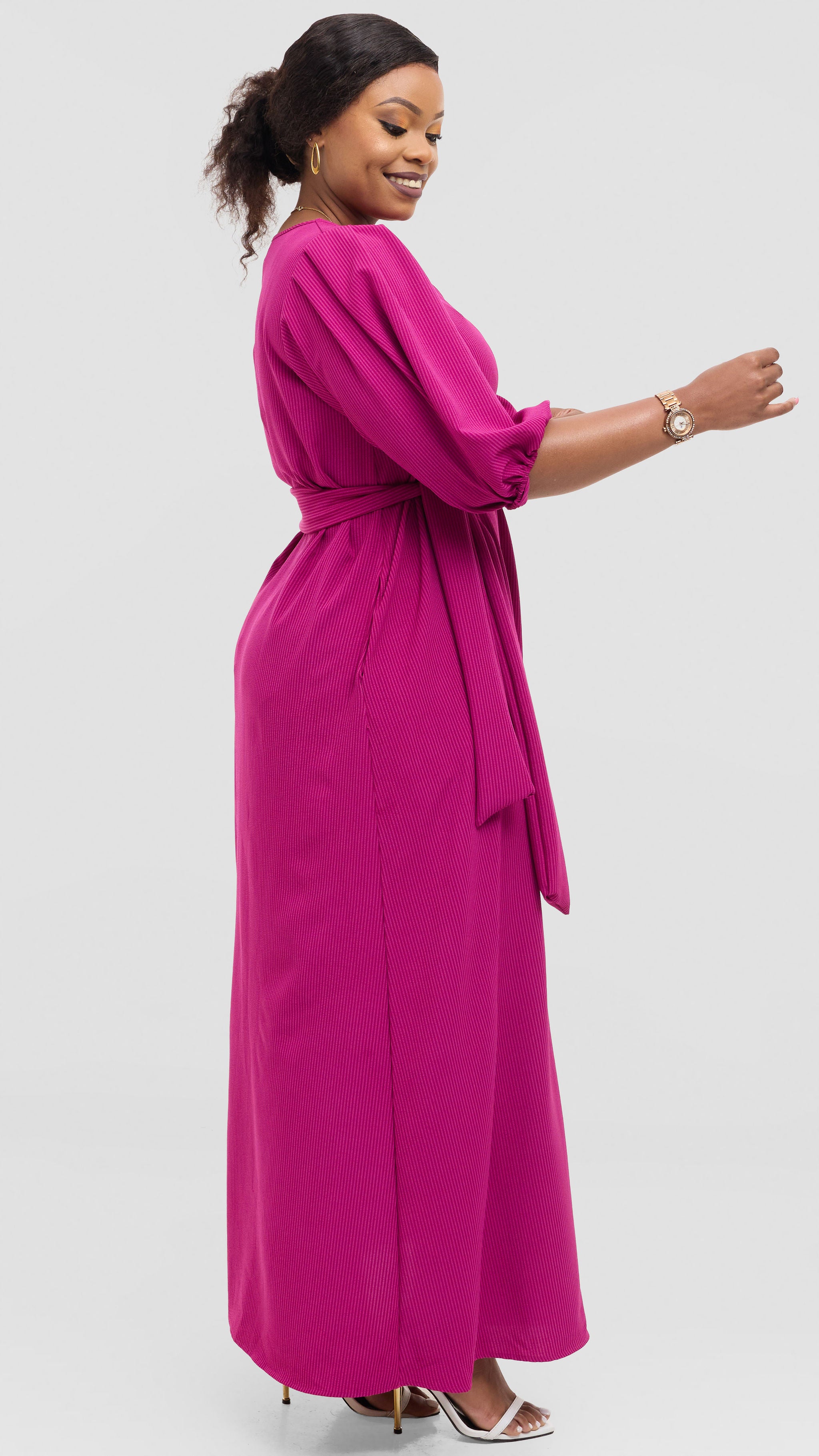 Vivo Bishop Sleeve Maxi Dress in Crepe - Fuschia Pinstripes