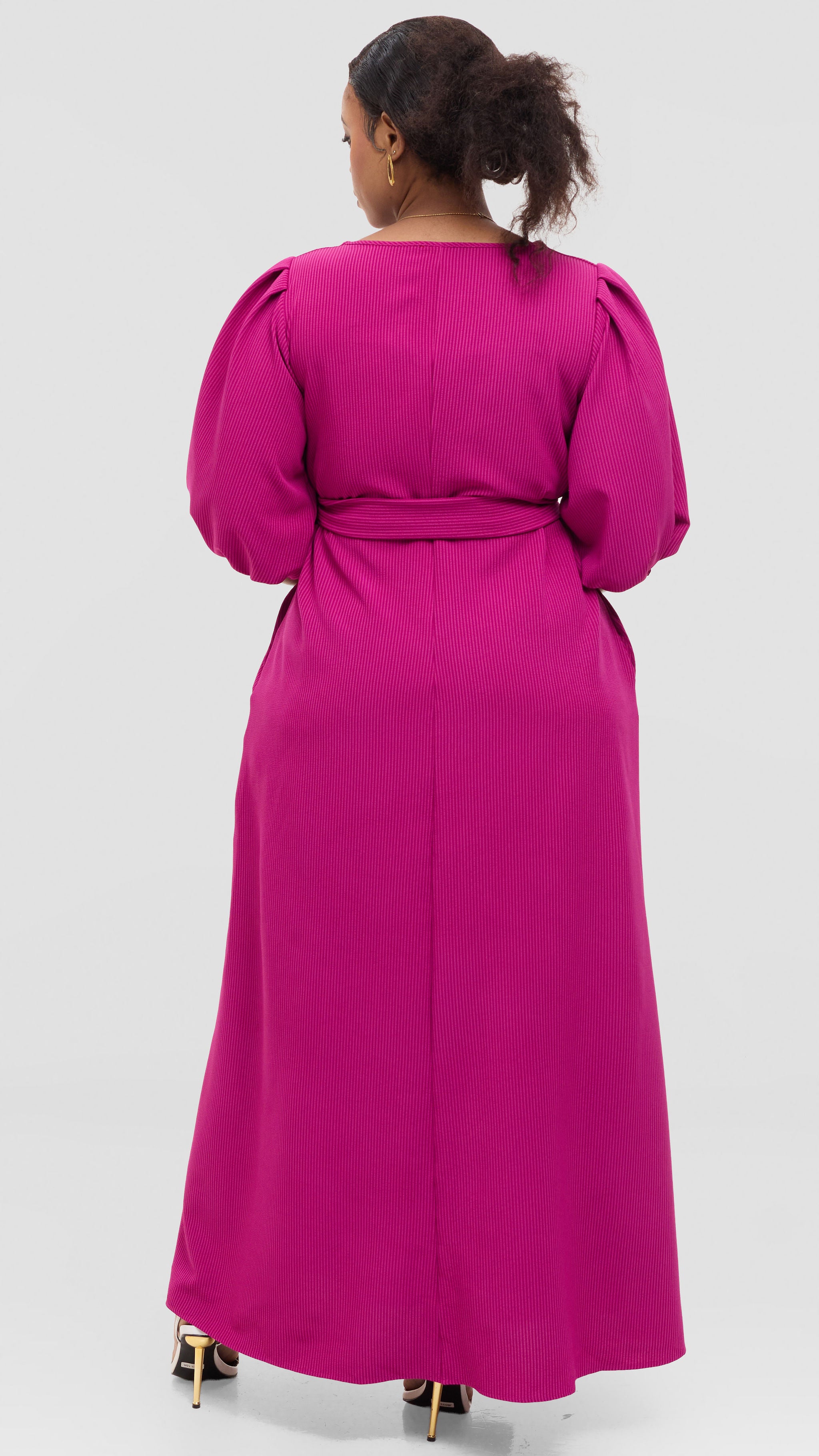 Vivo Bishop Sleeve Maxi Dress in Crepe - Fuschia Pinstripes