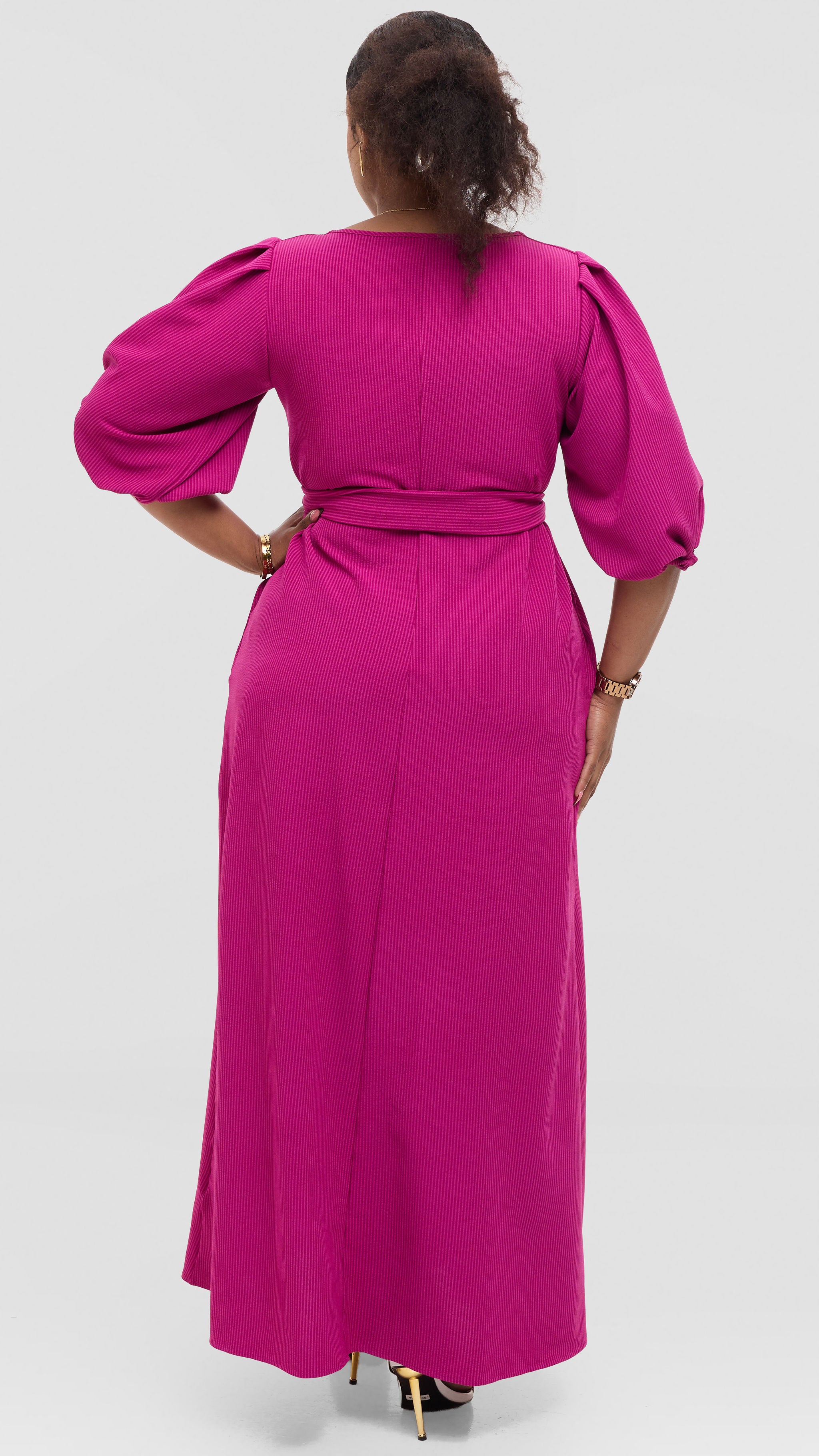 Vivo Bishop Sleeve Maxi Dress in Crepe - Fuschia Pinstripes