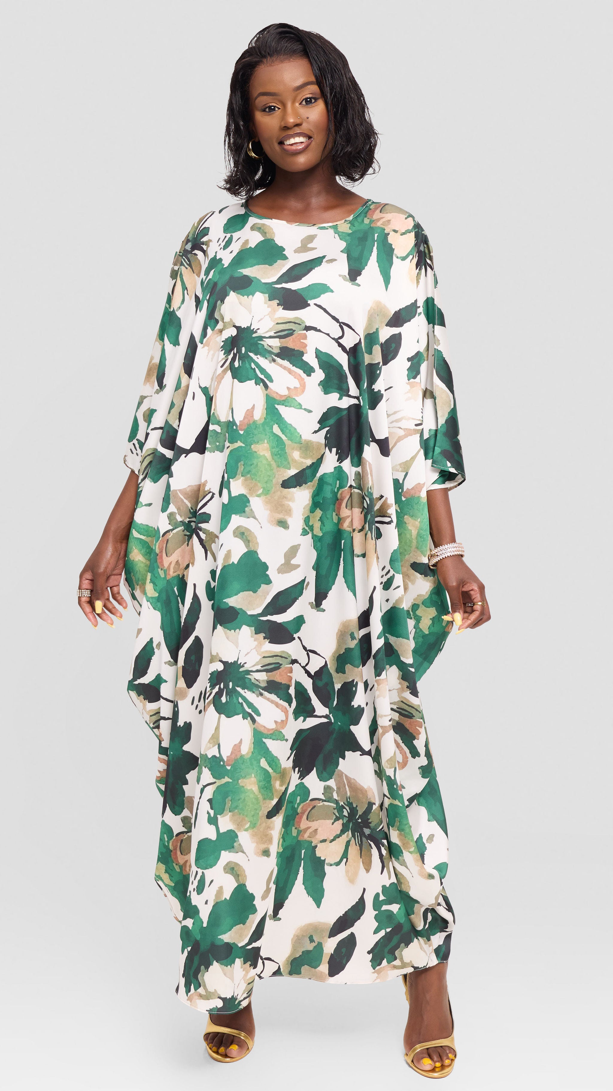 Vivo Chidii Maxi Kaftan in Satin - Green / Taupe Beula Print